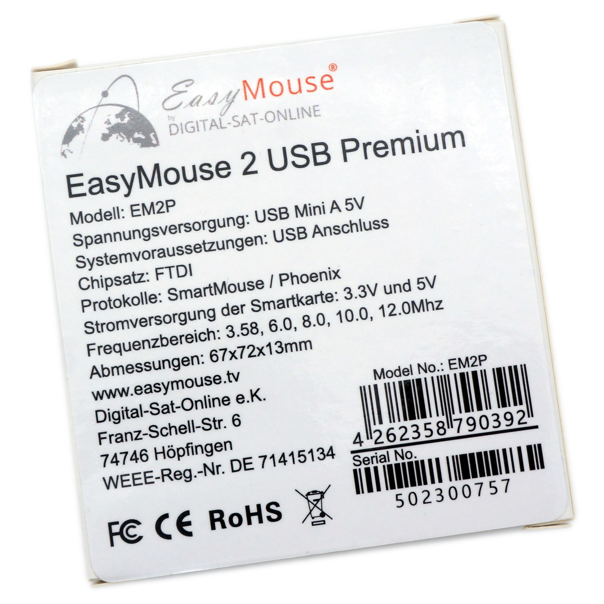 Eine weiße Produktbox mit schwarzem Text und Logos, beschriftet mit EasyMouse 2 USB Premium.