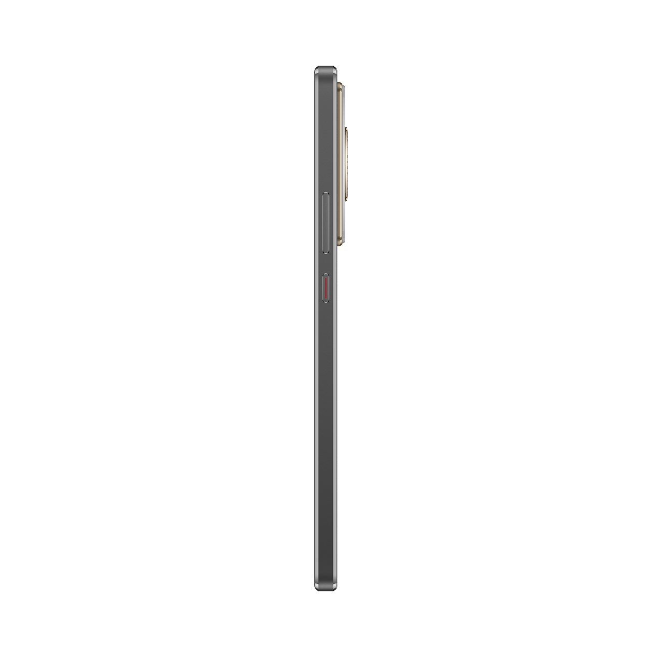 Seitenansicht eines Smartphones. Graues Gehäuse, goldfarbenes Kameramodul, Seitentasten. Weißer Hintergrund.