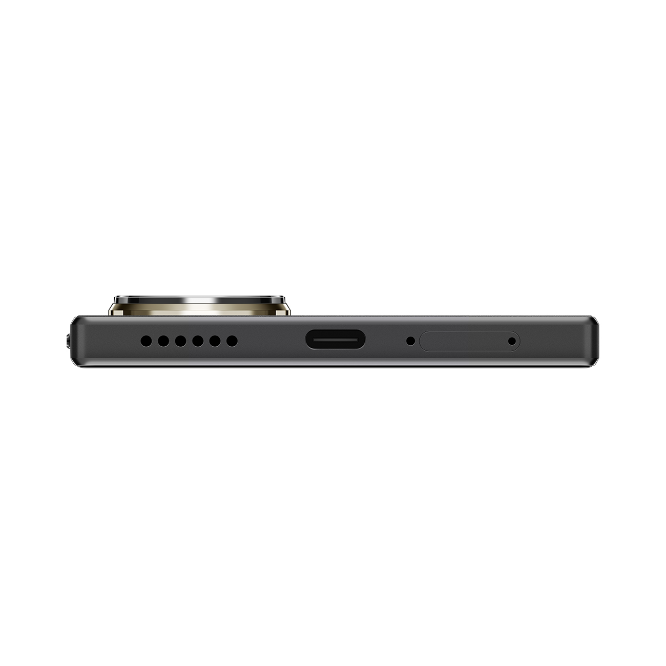 Die Unterseite eines schwarzen Smartphones mit USB-C-Anschluss.