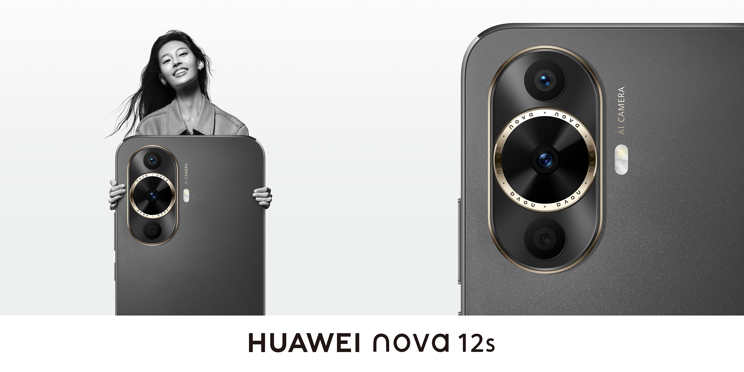 Telefon mit Dreifachkamera, Frau hält es, Huawei Nova 12s Text.