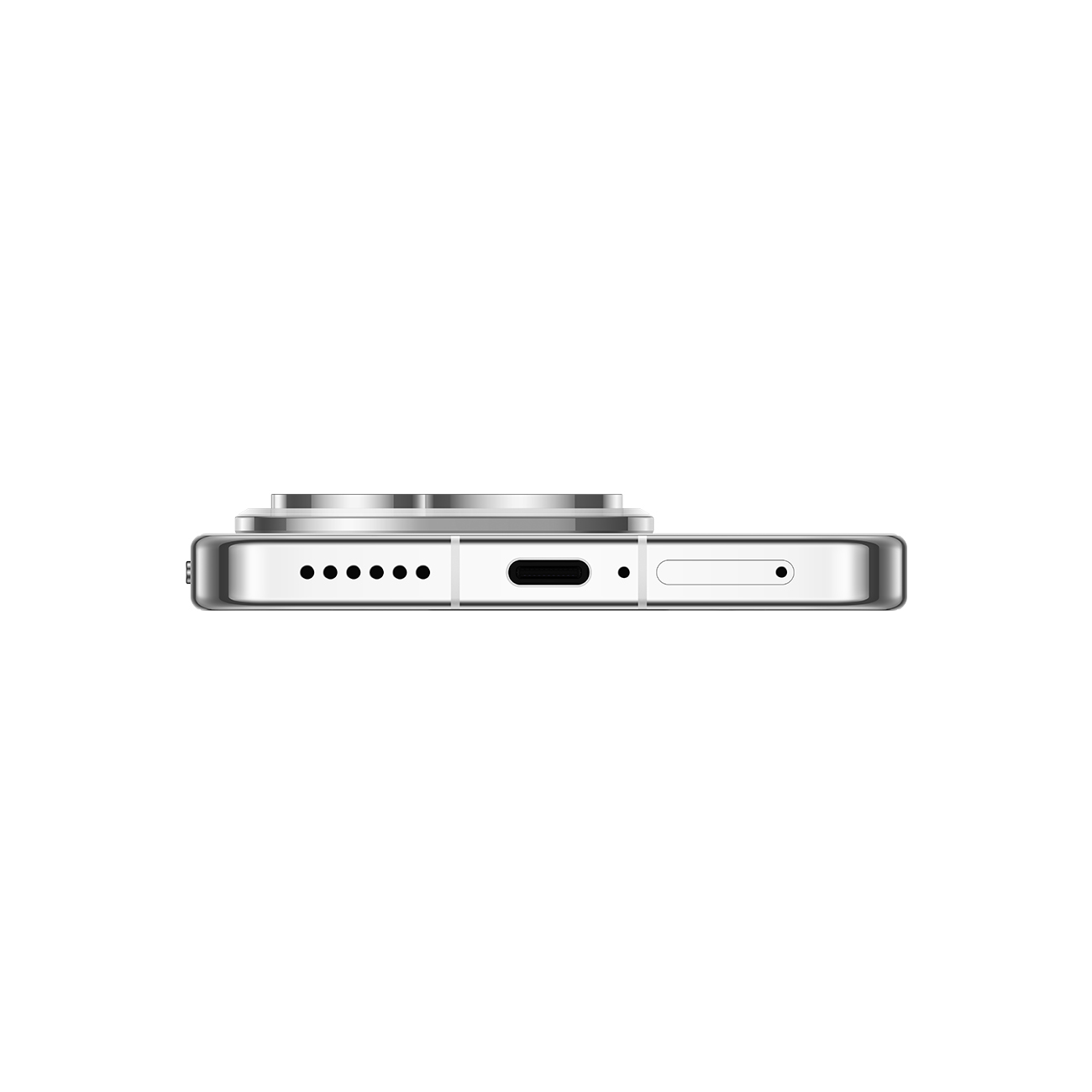 Nahaufnahme der Unterkante eines silbernen Smartphones. Es verfügt über Anschlüsse, einen Lautsprecher und ein Mikrofon.