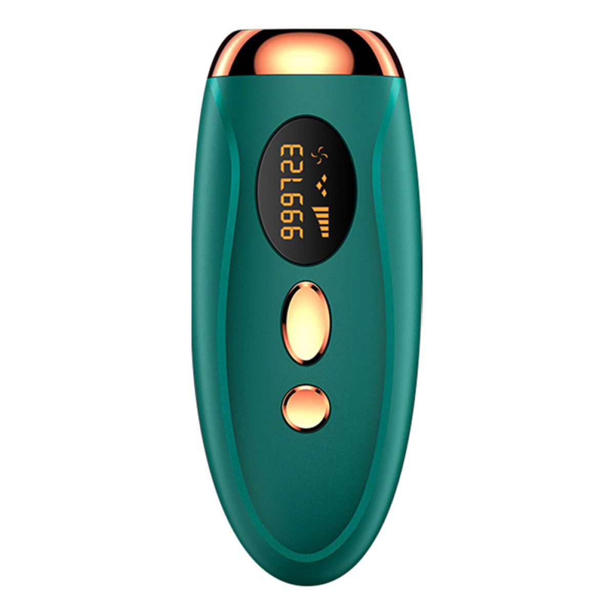 Ein türkis-goldenes Haarentfernungsgerät mit digitalem Display.