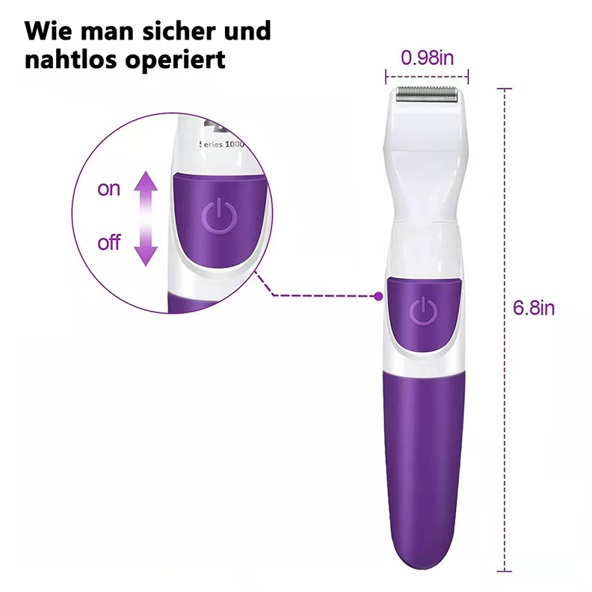 Ein lila-weißer Körperhaartrimmer. Zeigt Ein-/Aus-Taste und Abmessungen. Der Einsatz zeigt die Verwendung.