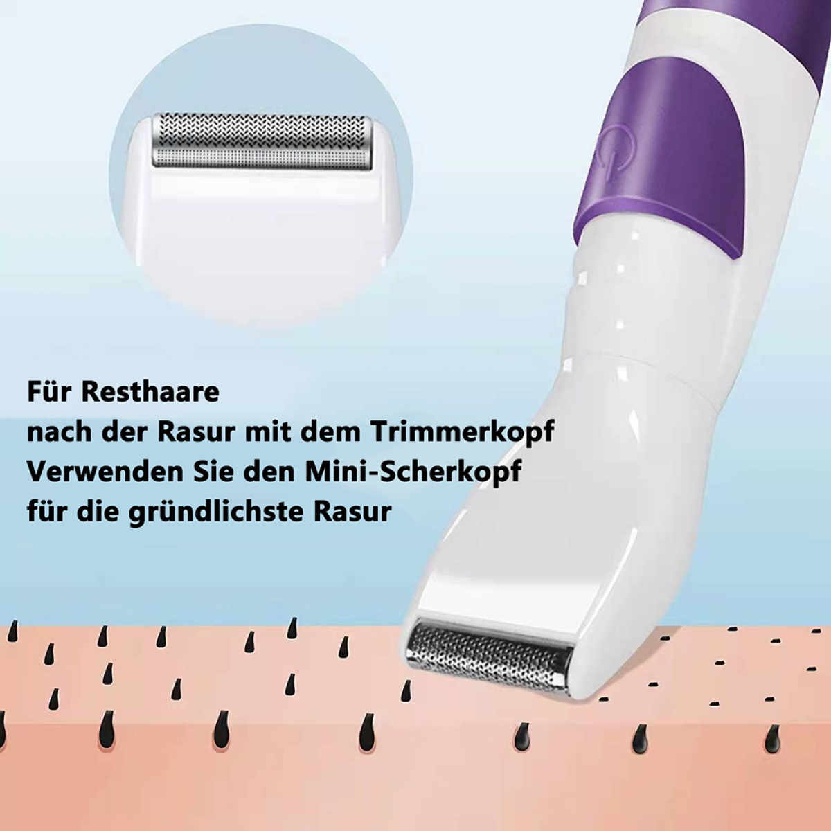 Nahaufnahme eines weißen Rasiergeräts mit lila Akzent. Text auf Deutsch.