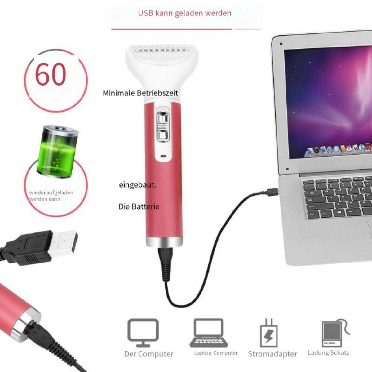 Ein rosa und roter Elektrorasierer, der über ein USB-Kabel an einem Laptop aufgeladen wird.