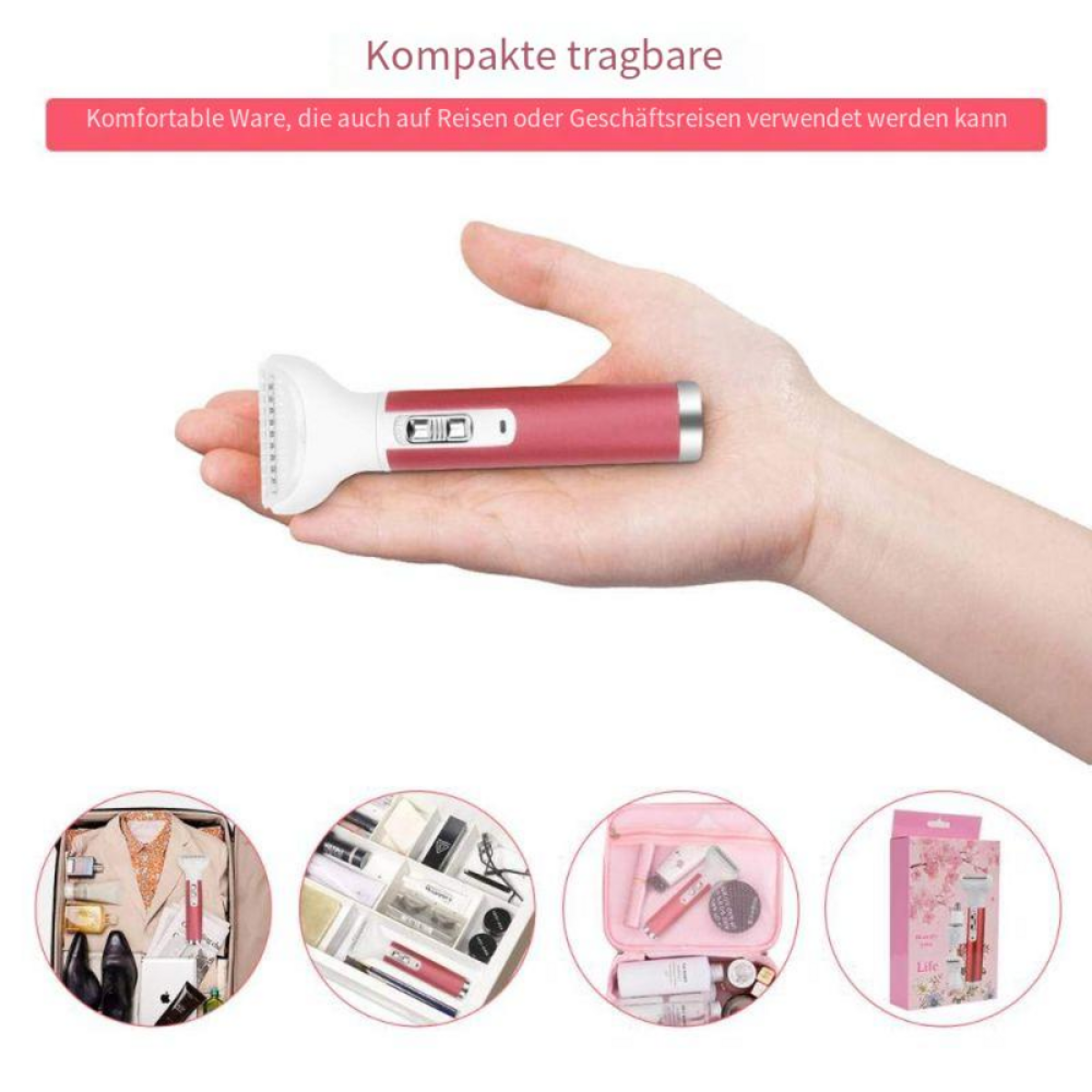 Eine Hand, die einen pink-weißen Epilierer hält, umgeben von Produktaufnahmen.