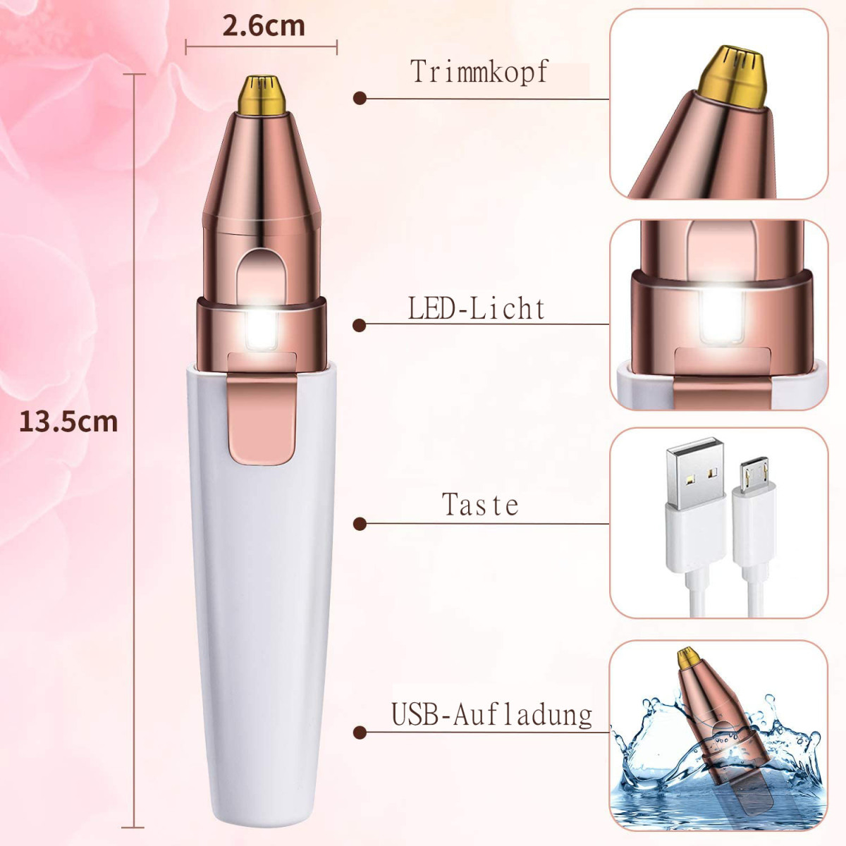 Ein weißer und roségoldener elektrischer Augenbrauentrimmer. Enthält Abmessungen, LED-Licht und USB-Aufladung.