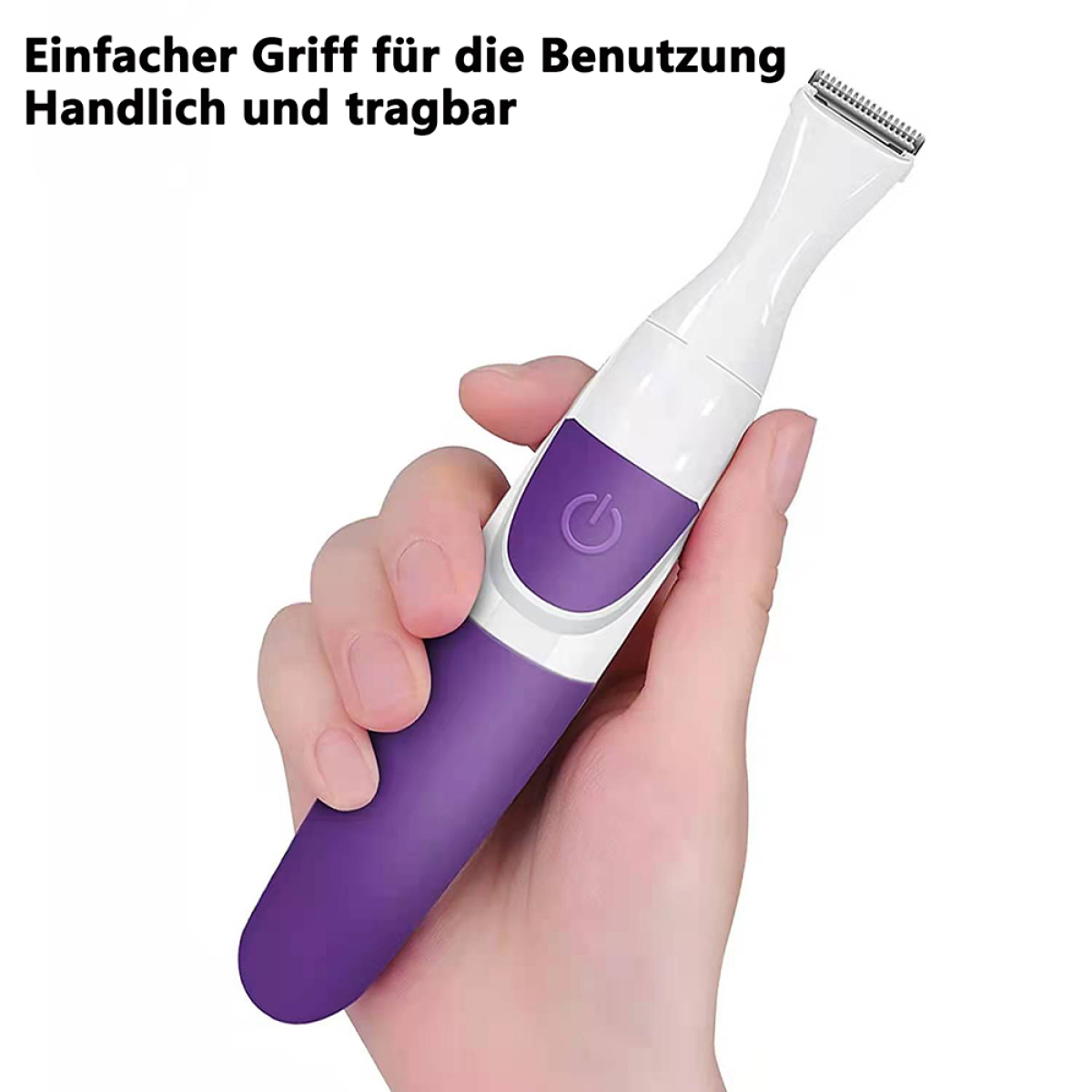 Hand, die einen weißen und violetten elektrischen Rasierer auf weißem Hintergrund hält.