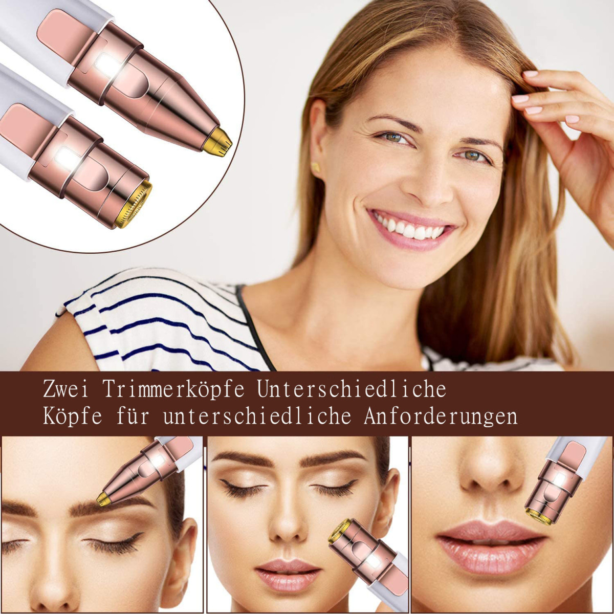 Frau mit Trimmer. Zwei Trimmerköpfe, gold und silber. Nahaufnahmen von Augenbrauen, Gesicht.