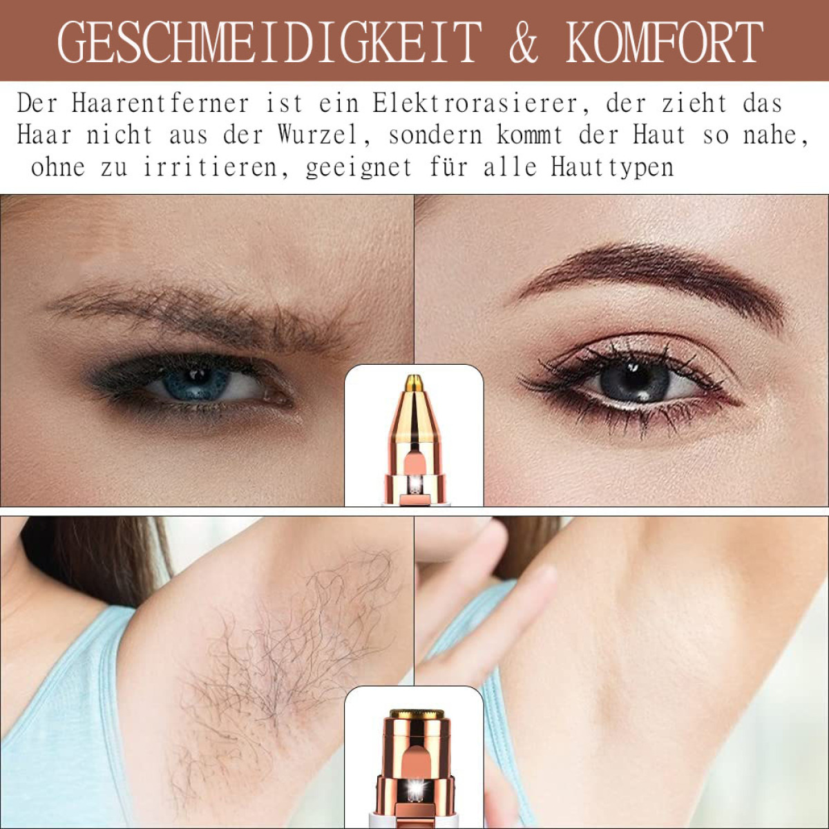 Bilder, die die Haarentfernung von Augenbrauen und Achselhöhlen mit einem Epilierer zeigen.