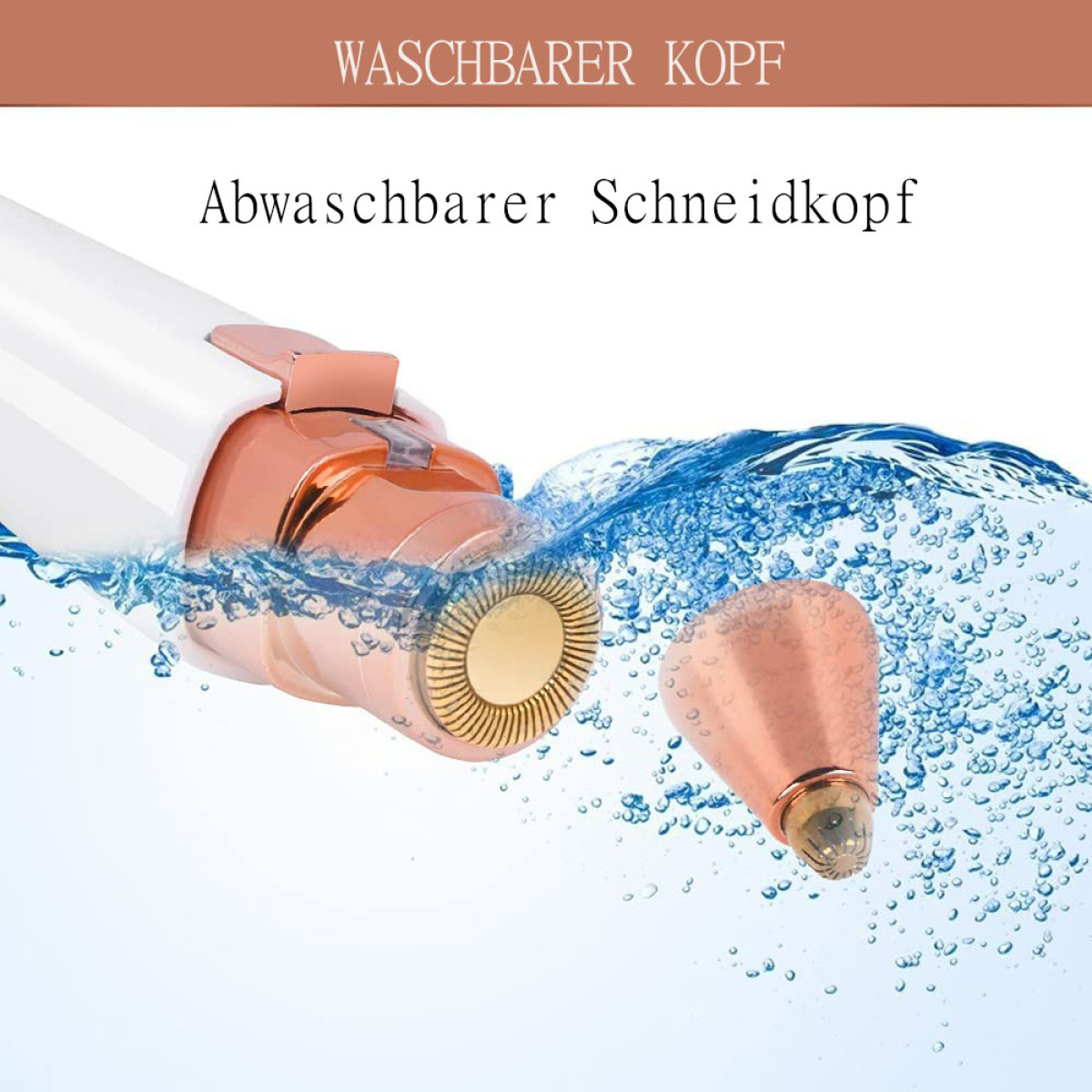 Ein weißer und roségoldener Epilierer im Wasser, mit abgenommenem Kopf.