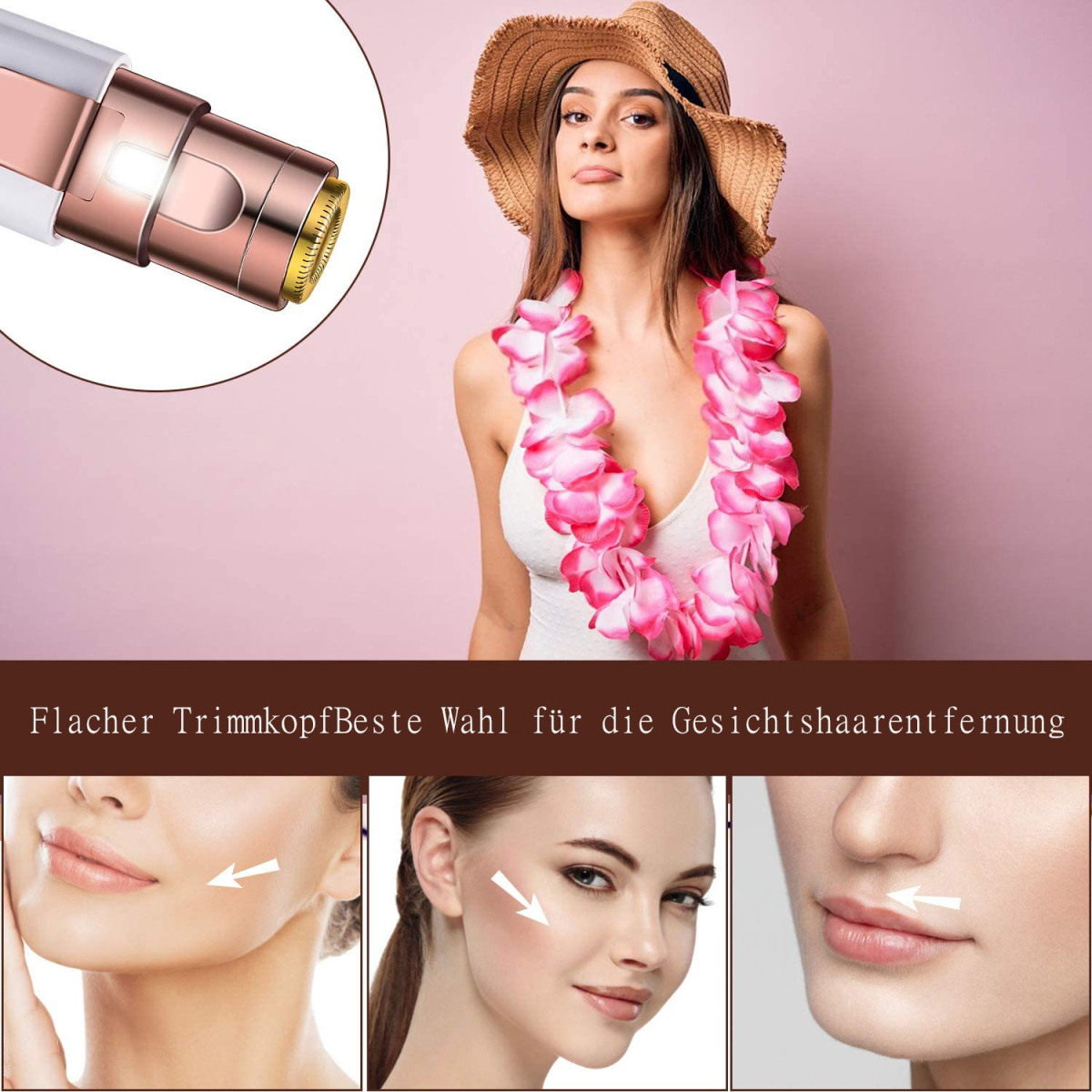 Frau mit Blumenkette und Haarentfernungswerkzeug und drei Gesichtsnahaufnahmen.