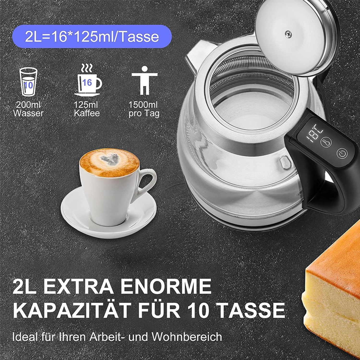 Glaskessel mit Kaffeetasse, Kuchen und Text über Fassungsvermögen und Kaffeemenge.
