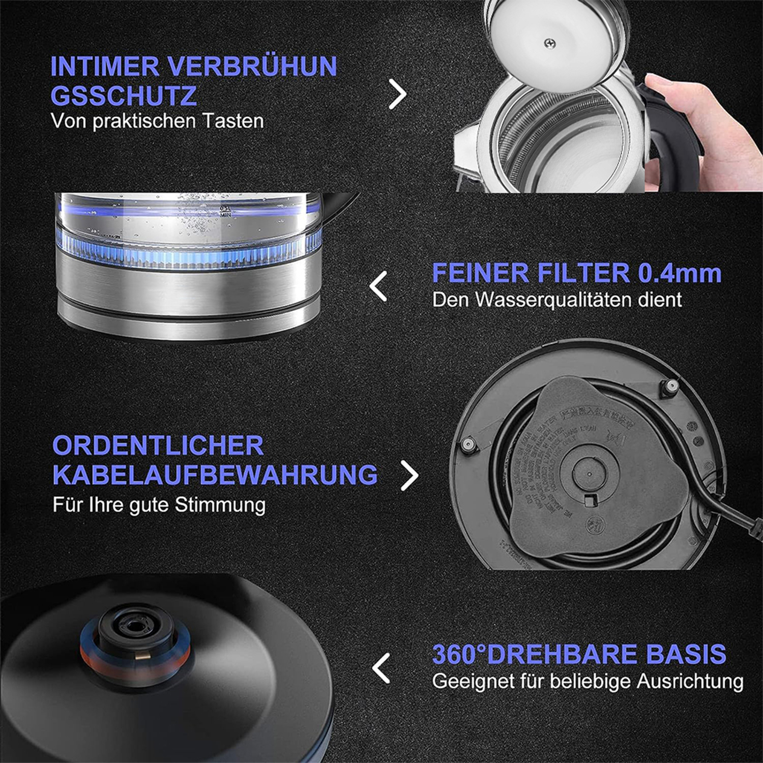Bilder eines Wasserkochers mit Text zu Sicherheitsmerkmalen. Der Wasserkocher ist silber.