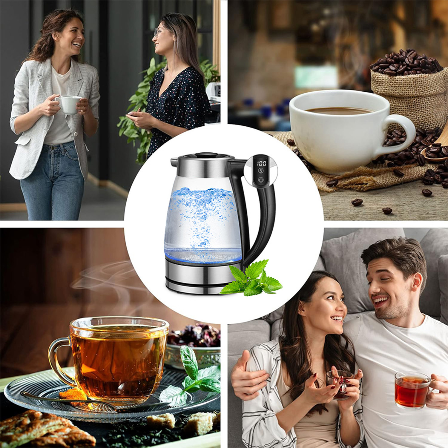 Collage mit Menschen, die Kaffee und Tee trinken. Ein Wasserkocher kocht Wasser.
