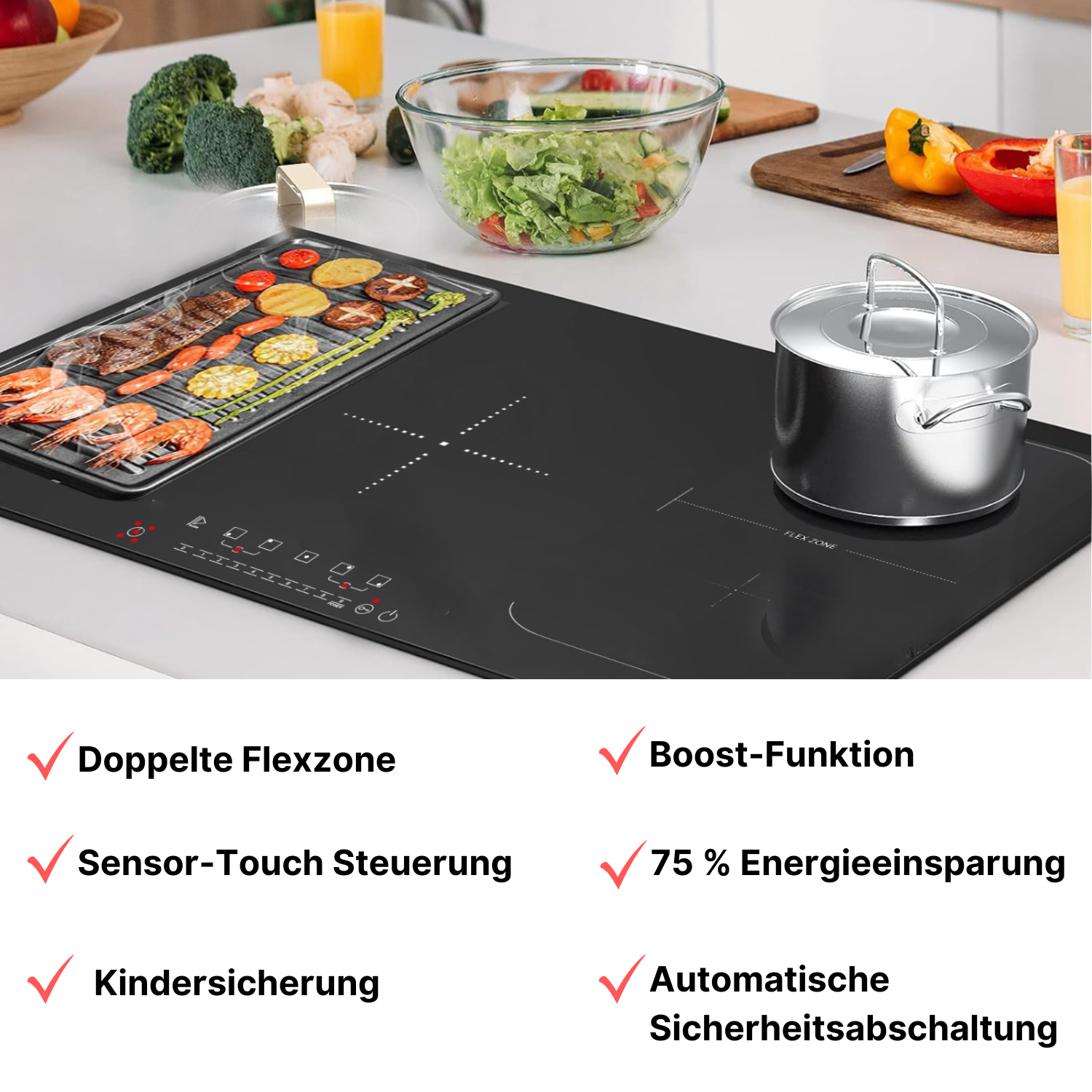 Ein schwarzes Induktionskochfeld mit Essen darauf. Text auf Deutsch weist auf Funktionen wie Flexzonen hin.