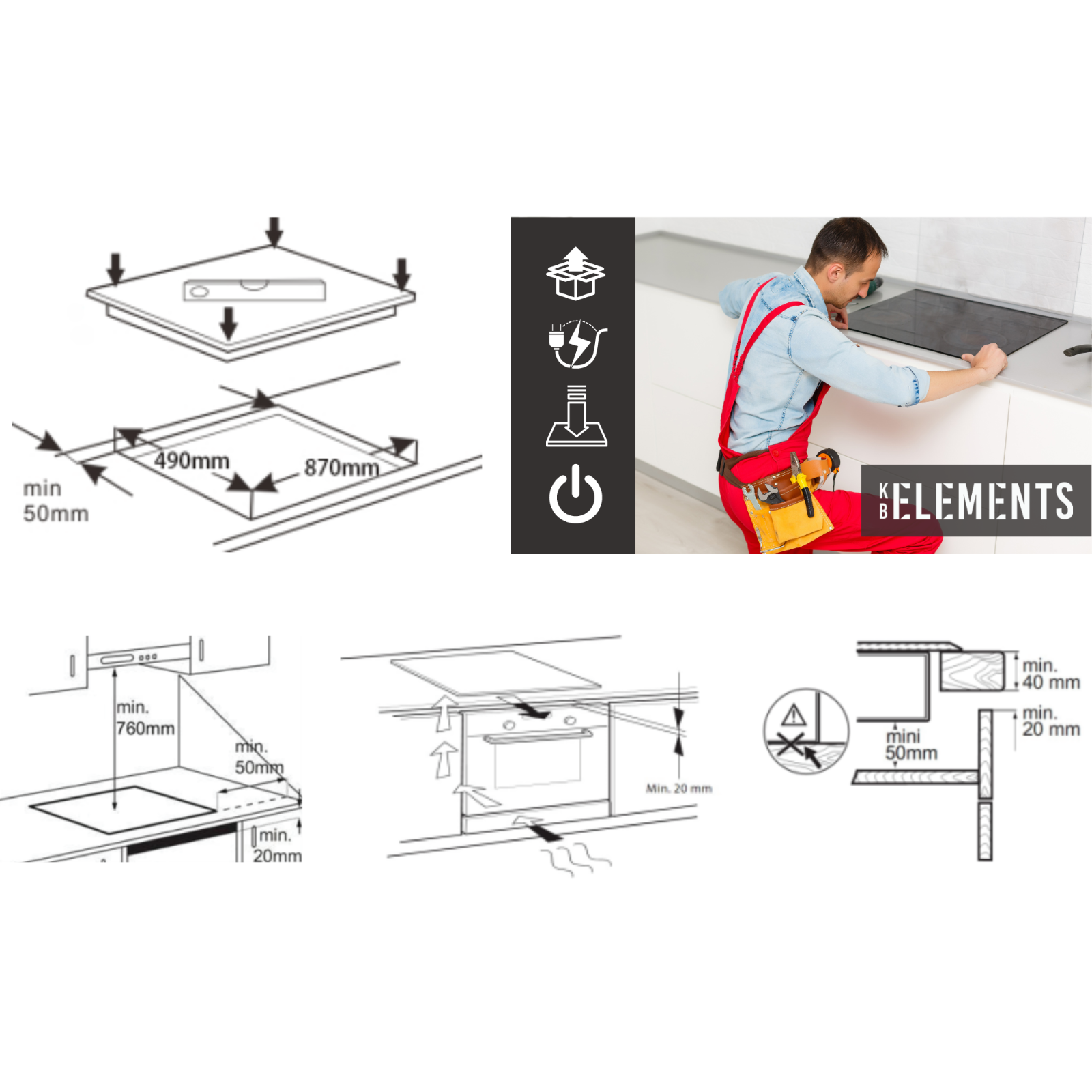 Diagramme, die die Installation eines Kochfelds zeigen, mit einem Mann, der an einer Küchenarbeitsplatte arbeitet.