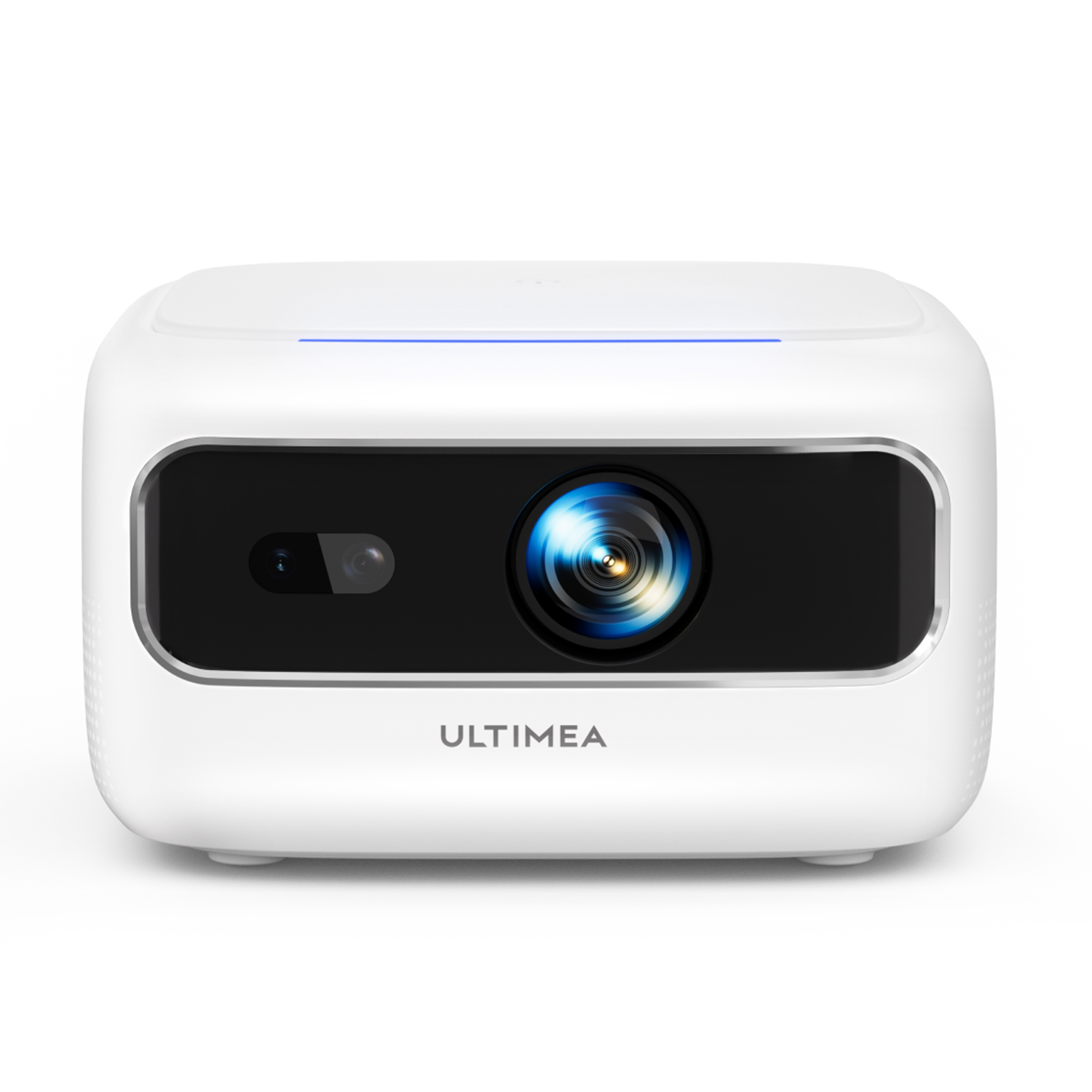 Un proyector Ultimea blanco con una lente y un panel frontal negro.