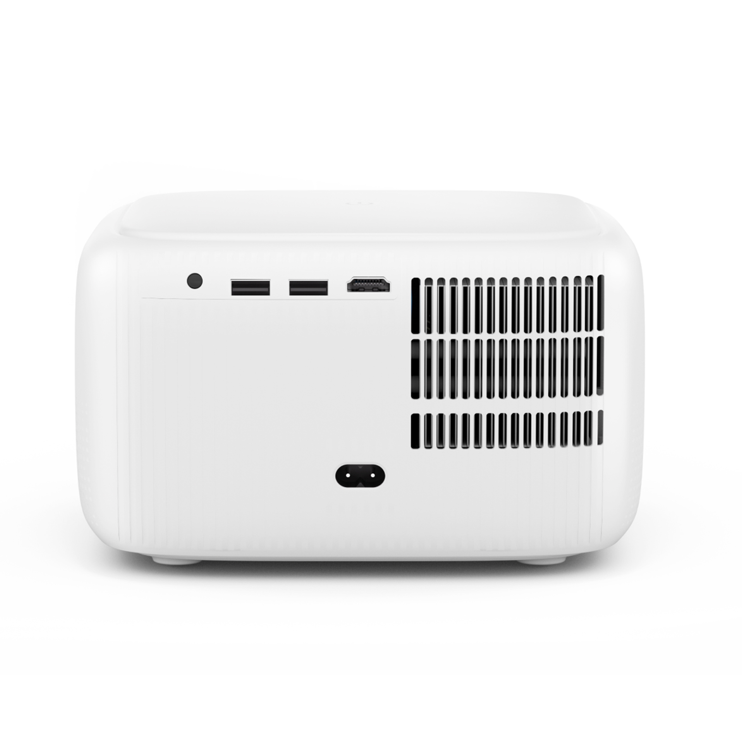 Un proyector blanco. Tiene puertos en la parte trasera. Está sobre un fondo blanco.