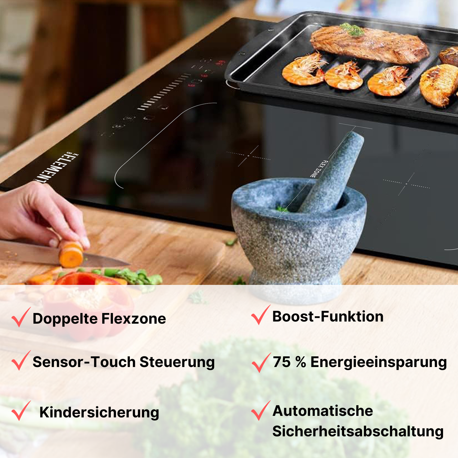 Ein schwarzes Kochfeld mit Kochzutaten und Textbeschriftungen für Funktionen.