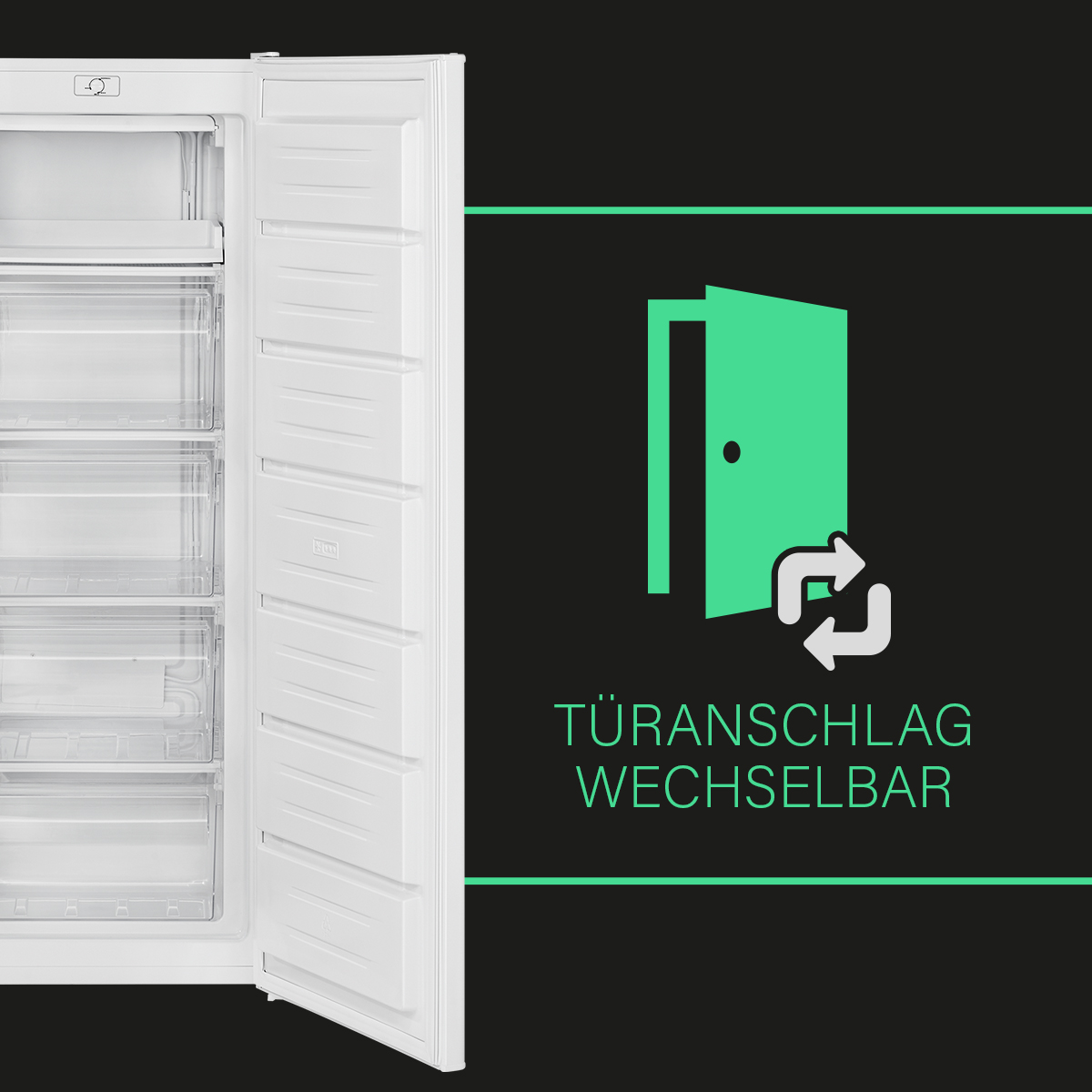 Un frigorifero bianco con la porta aperta. Un'icona della porta verde è sul lato destro.