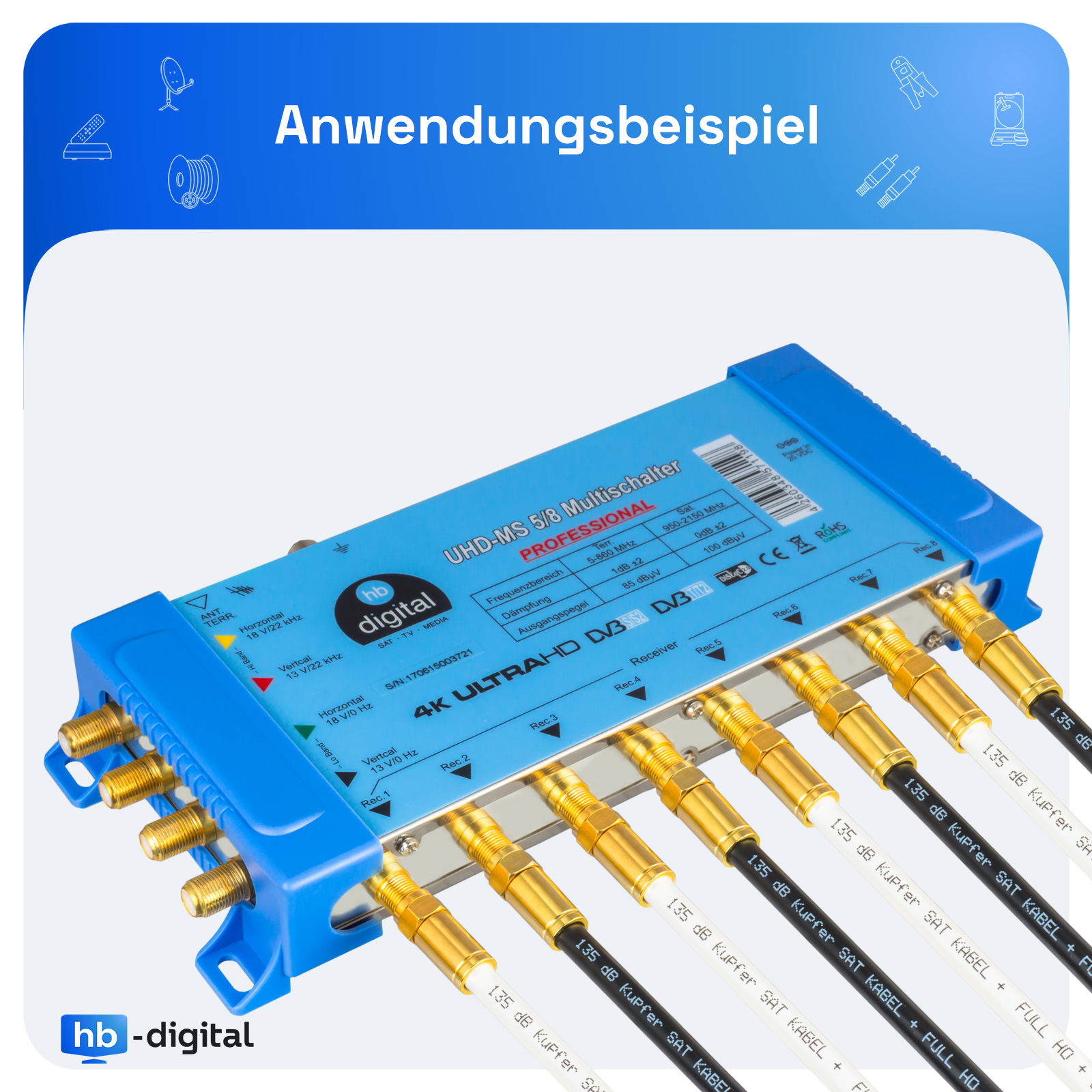 Blaues elektronisches Gerät mit mehreren Anschlüssen und Kabeln, beschriftet mit deutschem Text.