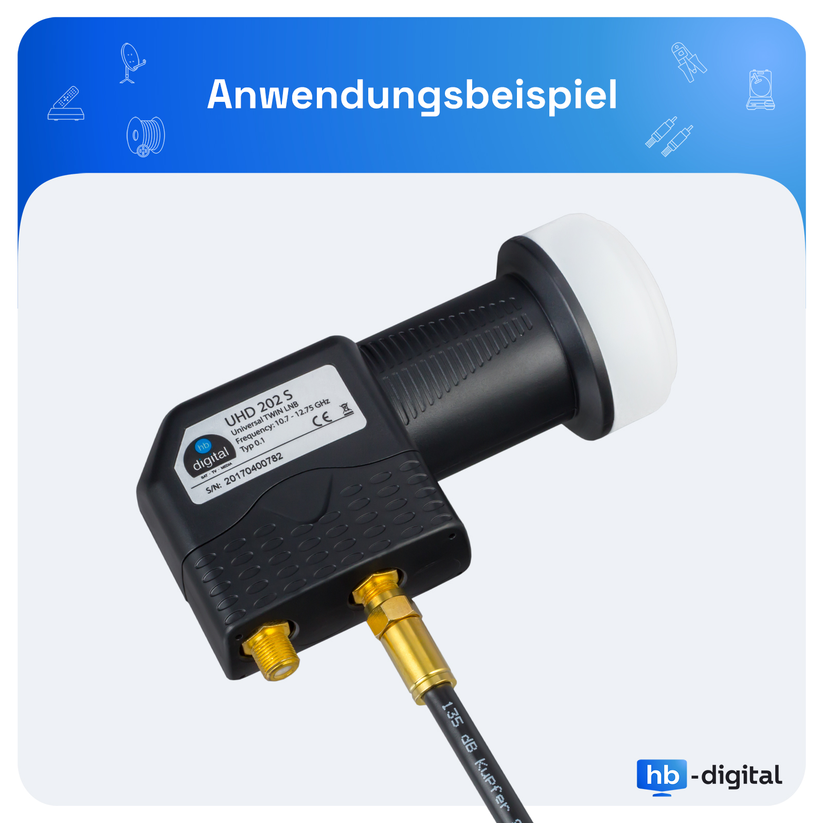 Schwarzer und silberner Satellitenempfänger mit Etiketten, Text und Koaxialkabel, weißer Hintergrund.