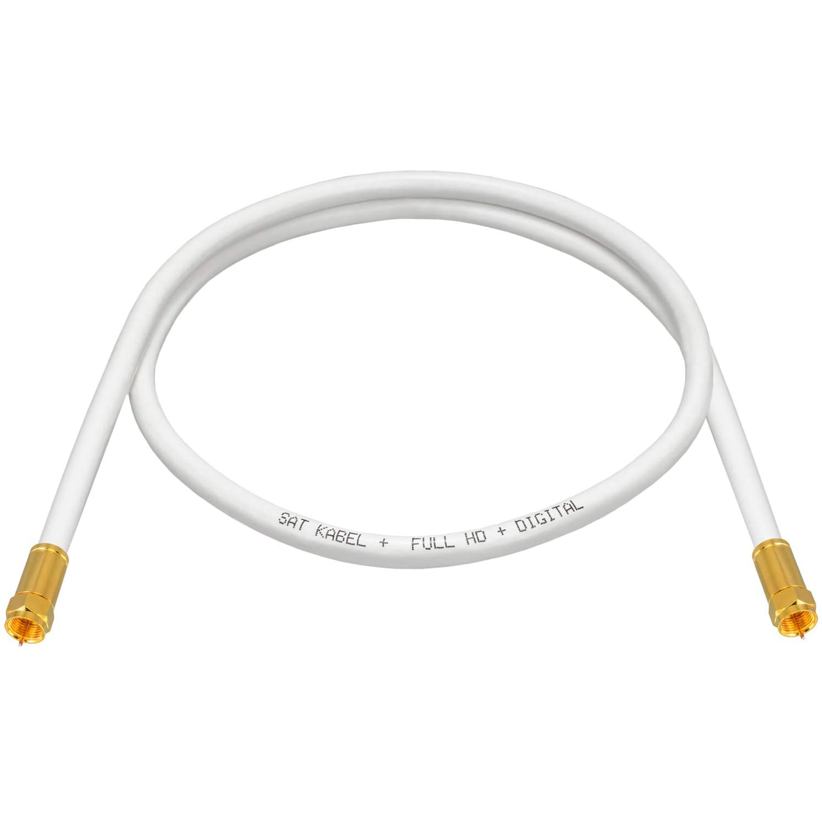 Ein weißes Koaxialkabel mit goldenen Anschlüssen. Es trägt die Aufschrift SAT KABEL + FULL HD + DIGITAL.