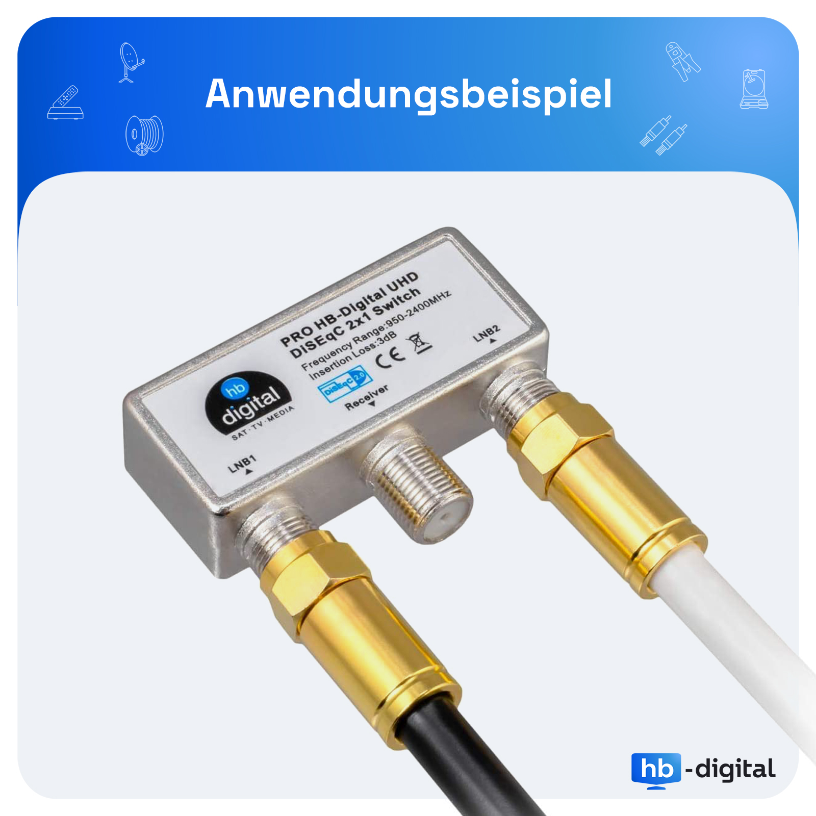 Digitaler Schalter mit Kabeln und Anschlüssen. Der Text oben lautet 'Anwendungsbeispiel'.