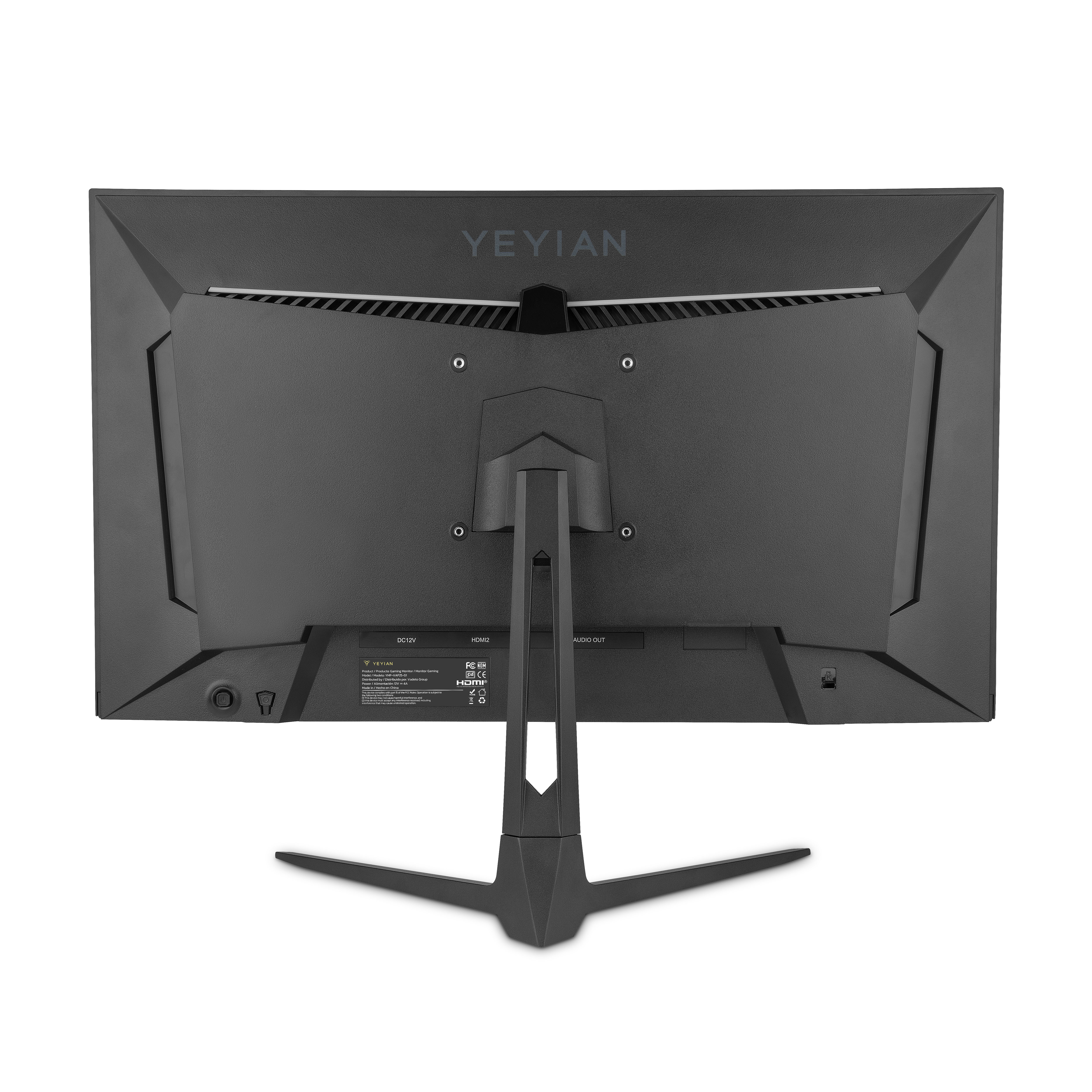 La parte trasera de un monitor de computadora negro con la marca 'YEYIAN'. El fondo es blanco.