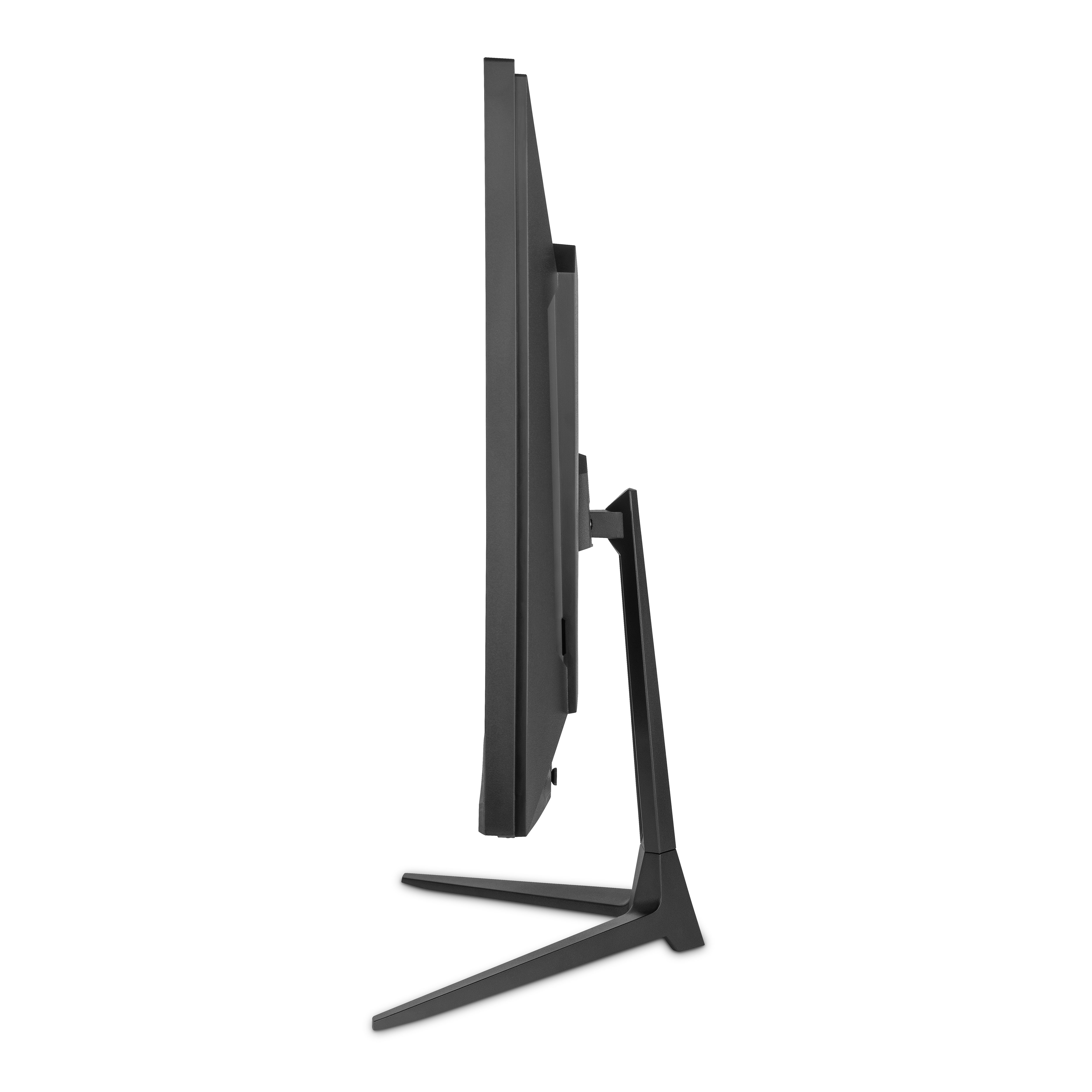 Monitor de computadora negro desde un lado. El monitor tiene un soporte y un bisel delgado.