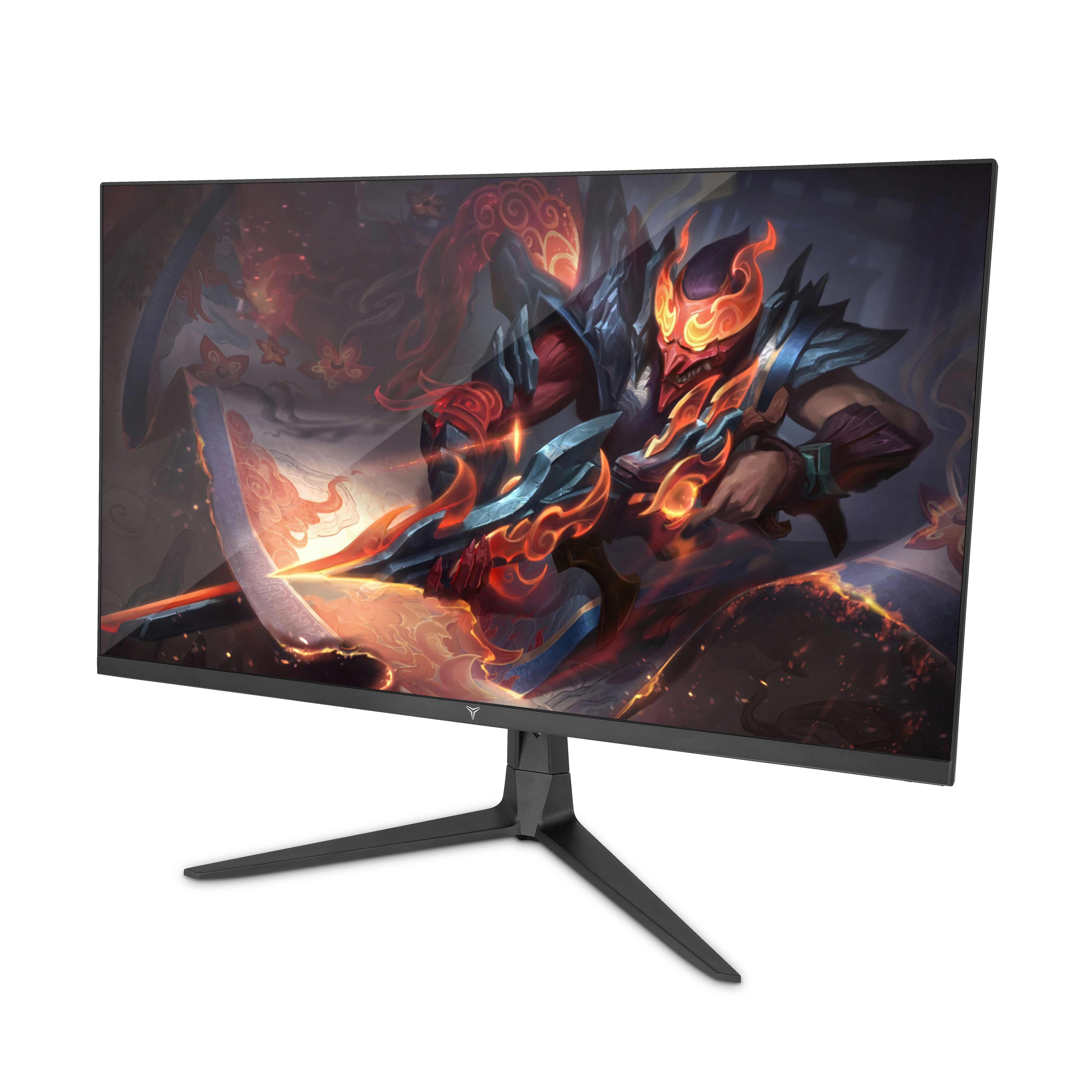 Un monitor de juegos con pantalla curva que muestra una escena de juego colorida, con un soporte negro.