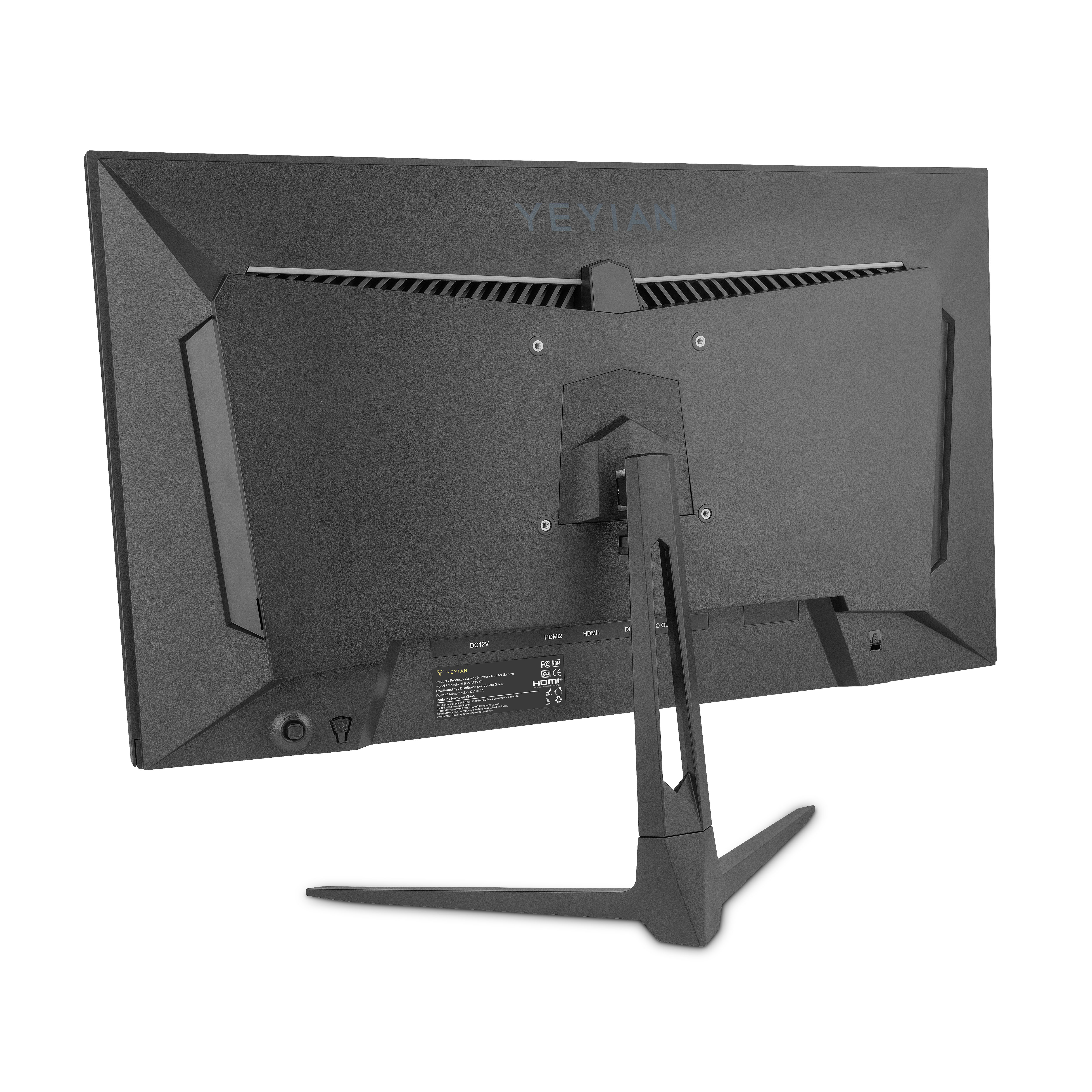 Monitor de computadora negro, vista trasera con soporte y conexiones.