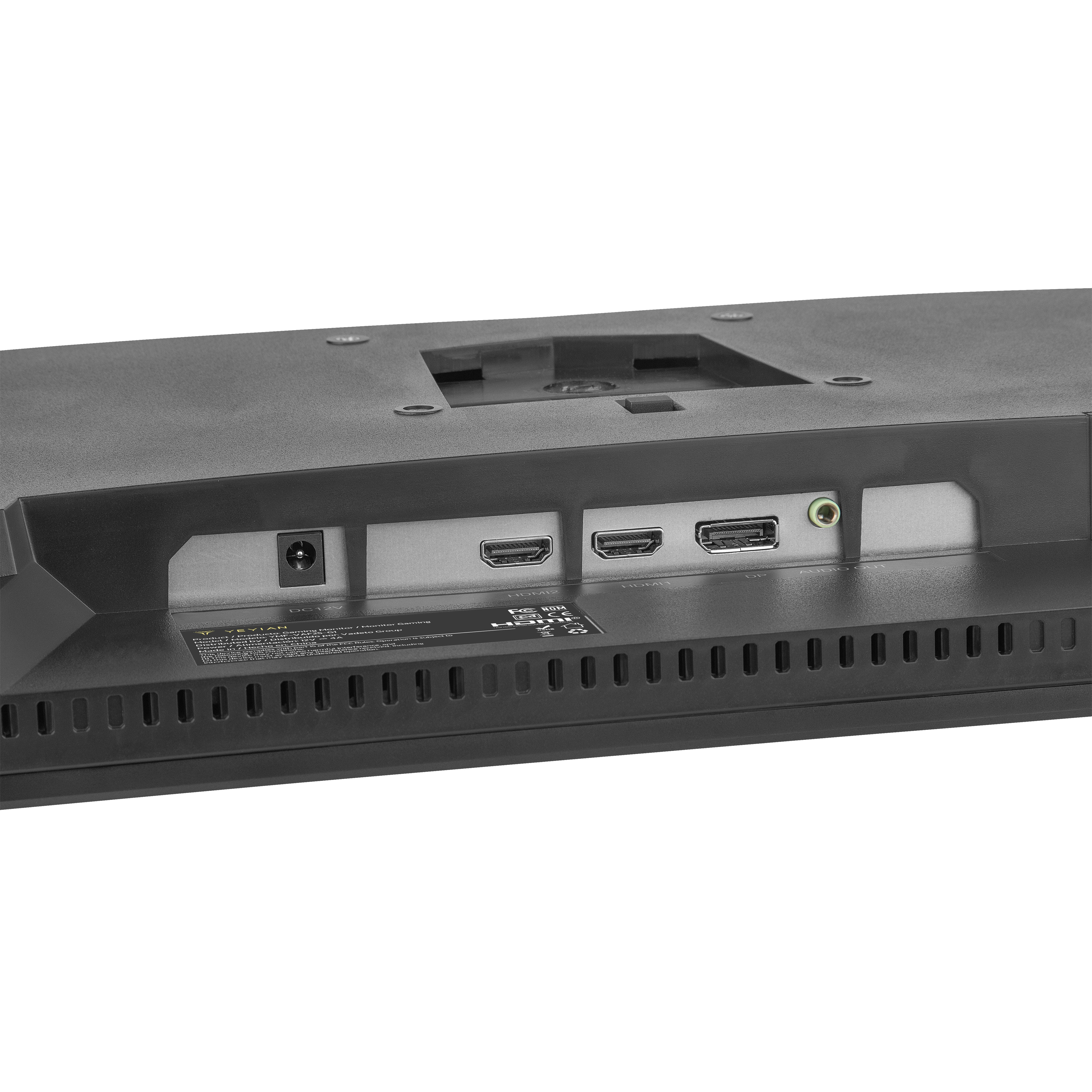 La parte trasera de un monitor con múltiples puertos para la conectividad. Incluye HDMI y puertos de audio.