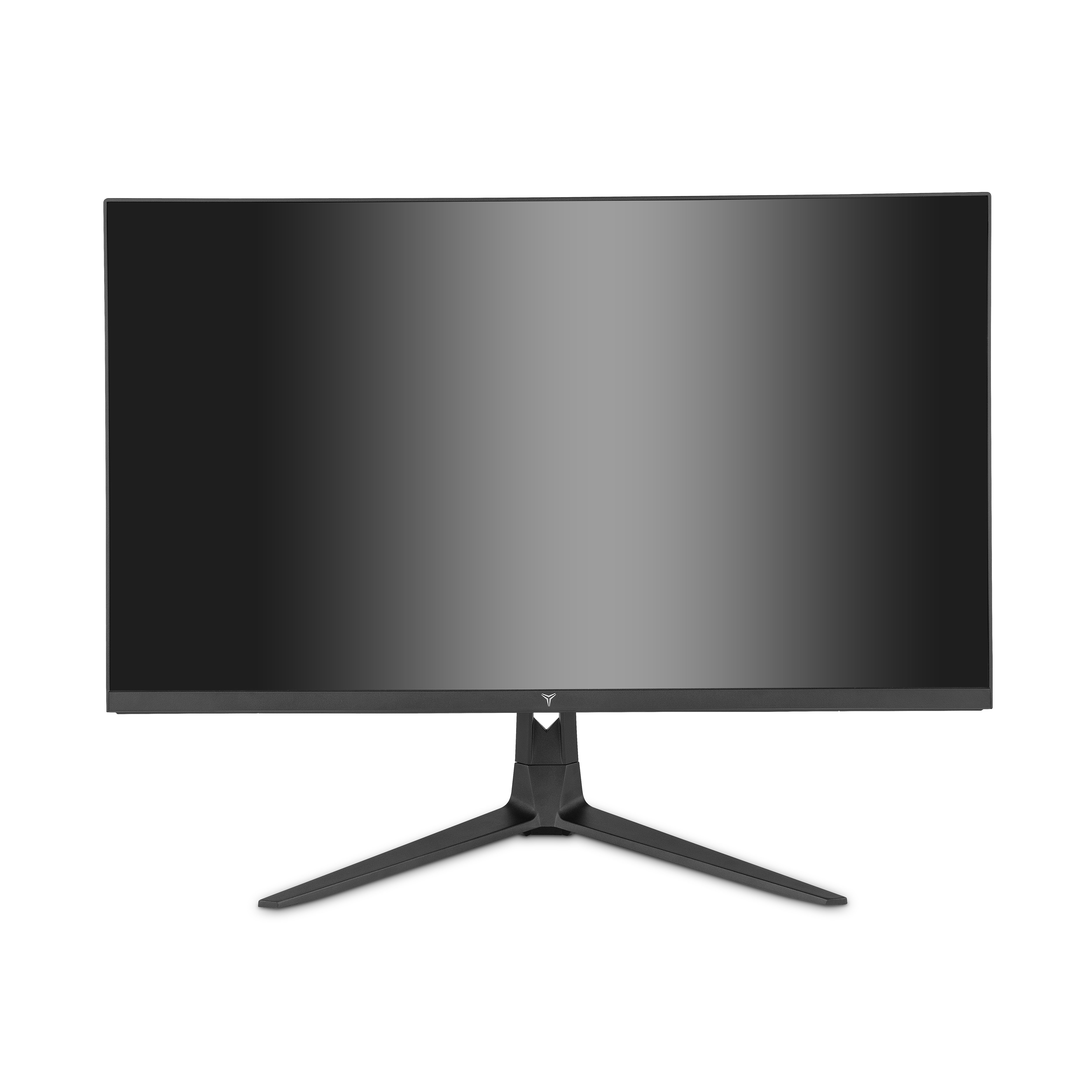 Un monitor de computadora negro con un soporte. La pantalla es negra y el soporte en forma de V.