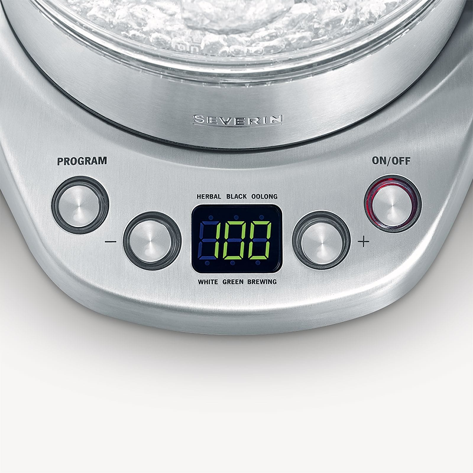 Zbliżenie srebrnego panelu sterowania czajnika elektrycznego z wyświetlaczem 100 i ustawieniami parzenia.