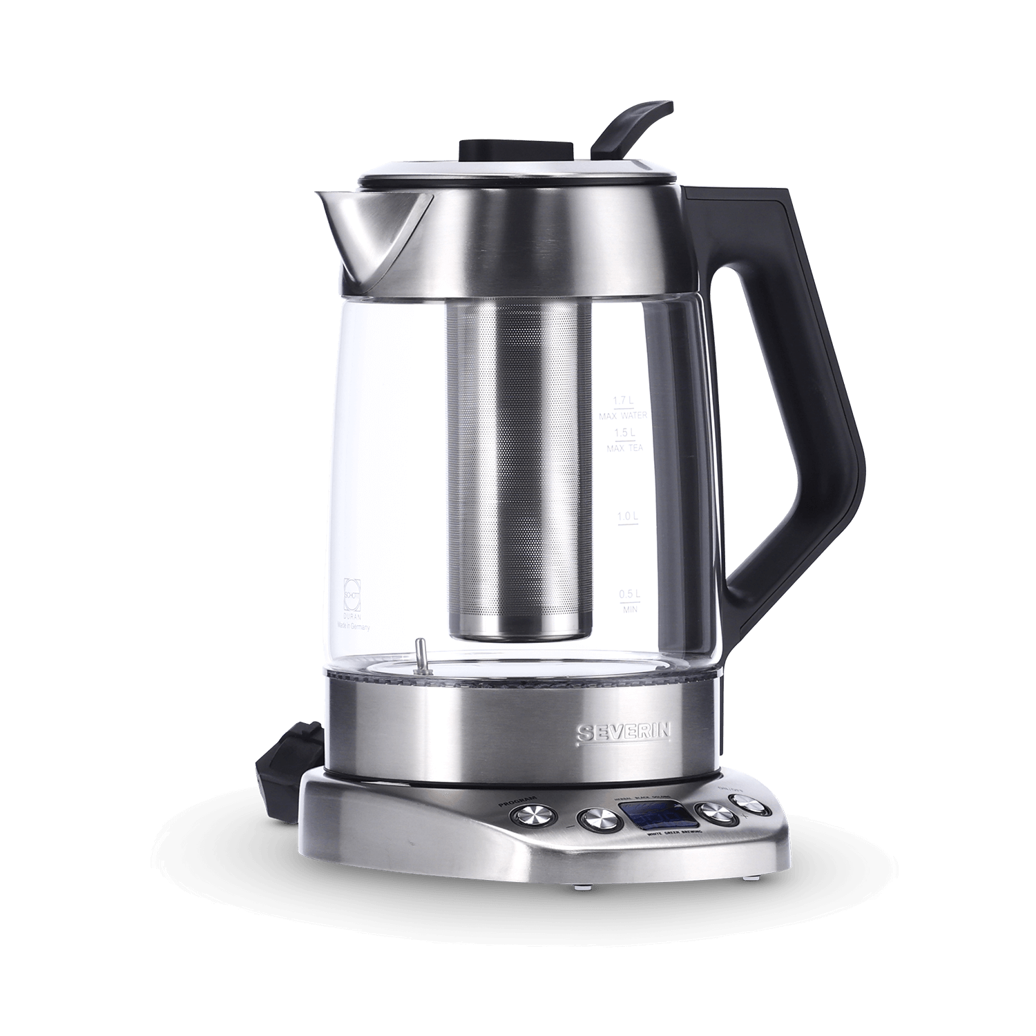 Srebrny i szklany czajnik elektryczny z czarnym uchwytem. Czajnik ma wyświetlacz cyfrowy.