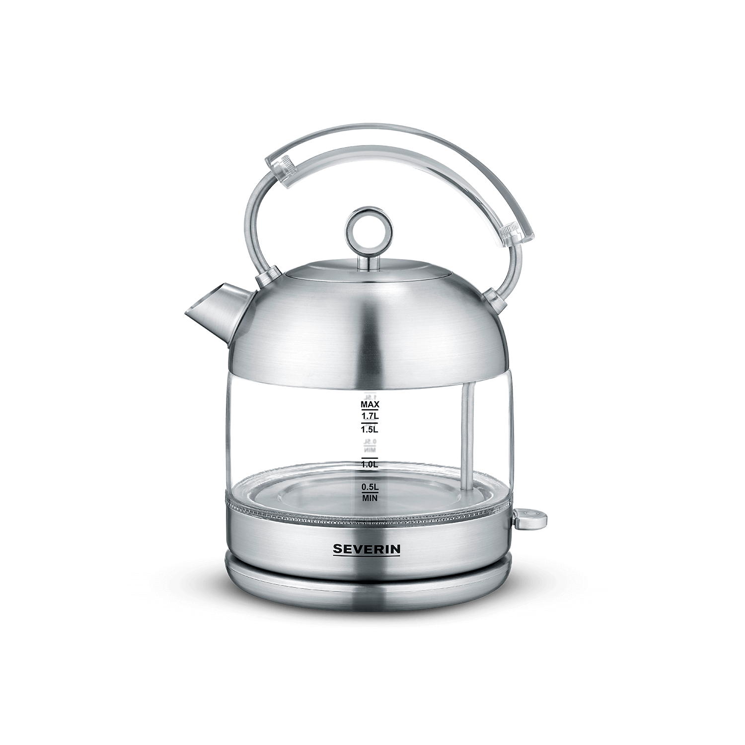 Czajnik elektryczny ze stali nierdzewnej z szklanym korpusem. Widoczne są oznaczenia poziomu wody.