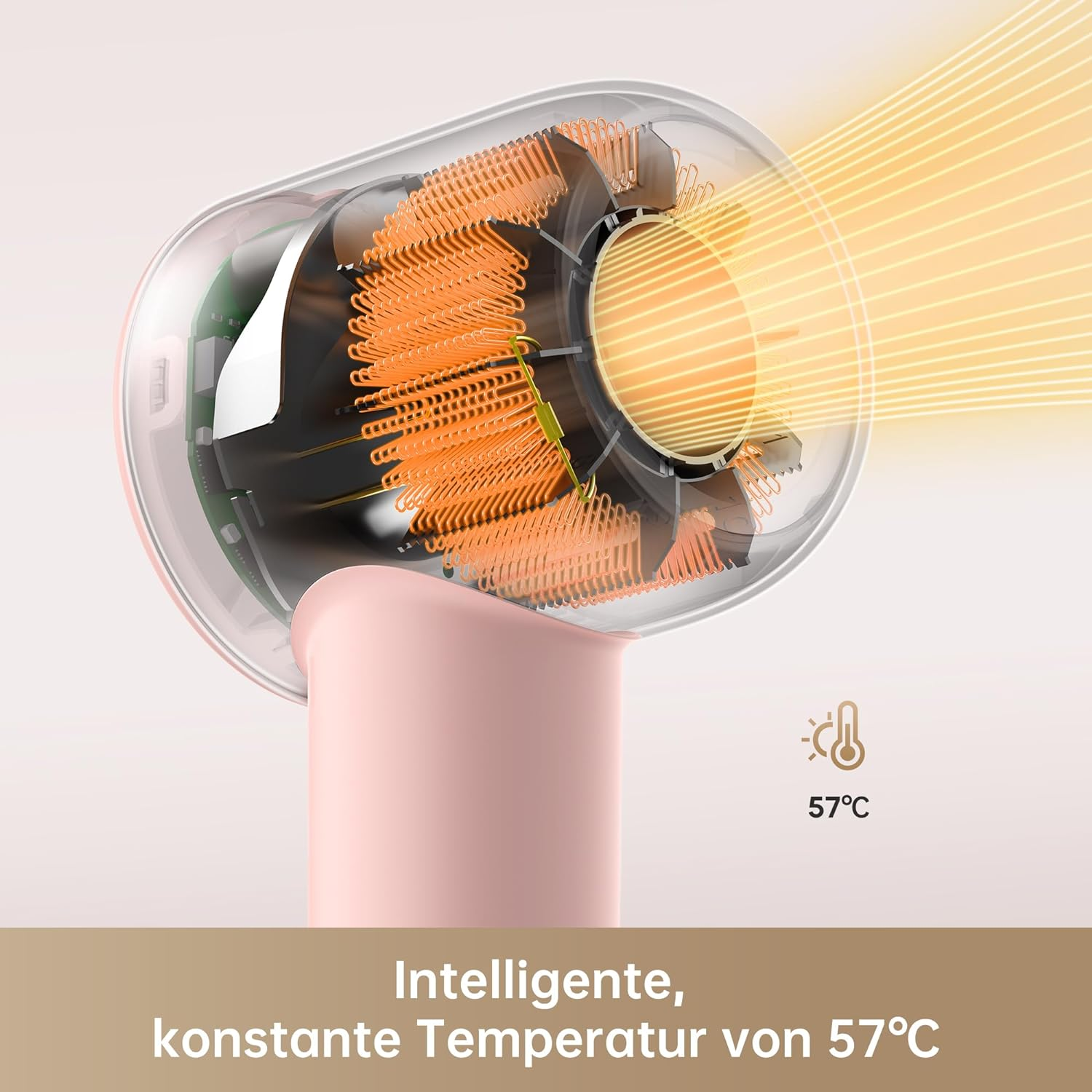 Różowa suszarka do włosów z pomarańczowymi elementami wewnętrznymi i tekstem o temperaturze 57°C.