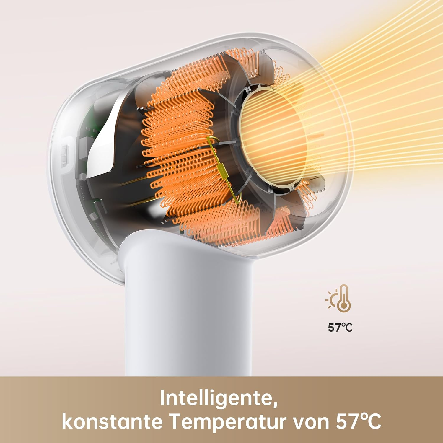 Suszarka do włosów: biała suszarka do włosów z pomarańczowymi elementami grzewczymi, z tekstem o temperaturze.