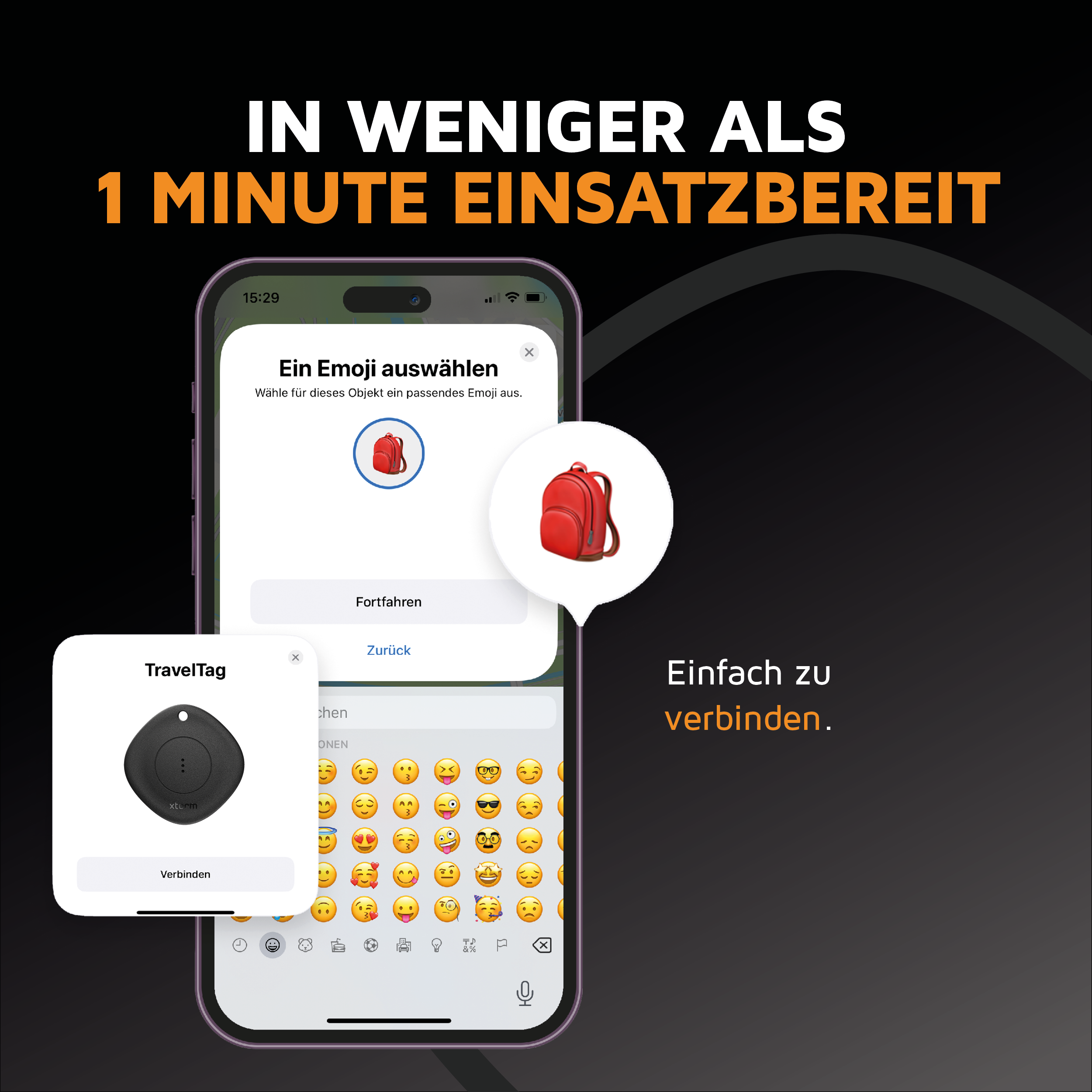 Ekran smartfona z emoji i czerwoną emotikoną plecaka, obok czarnego urządzenia TravelTag.