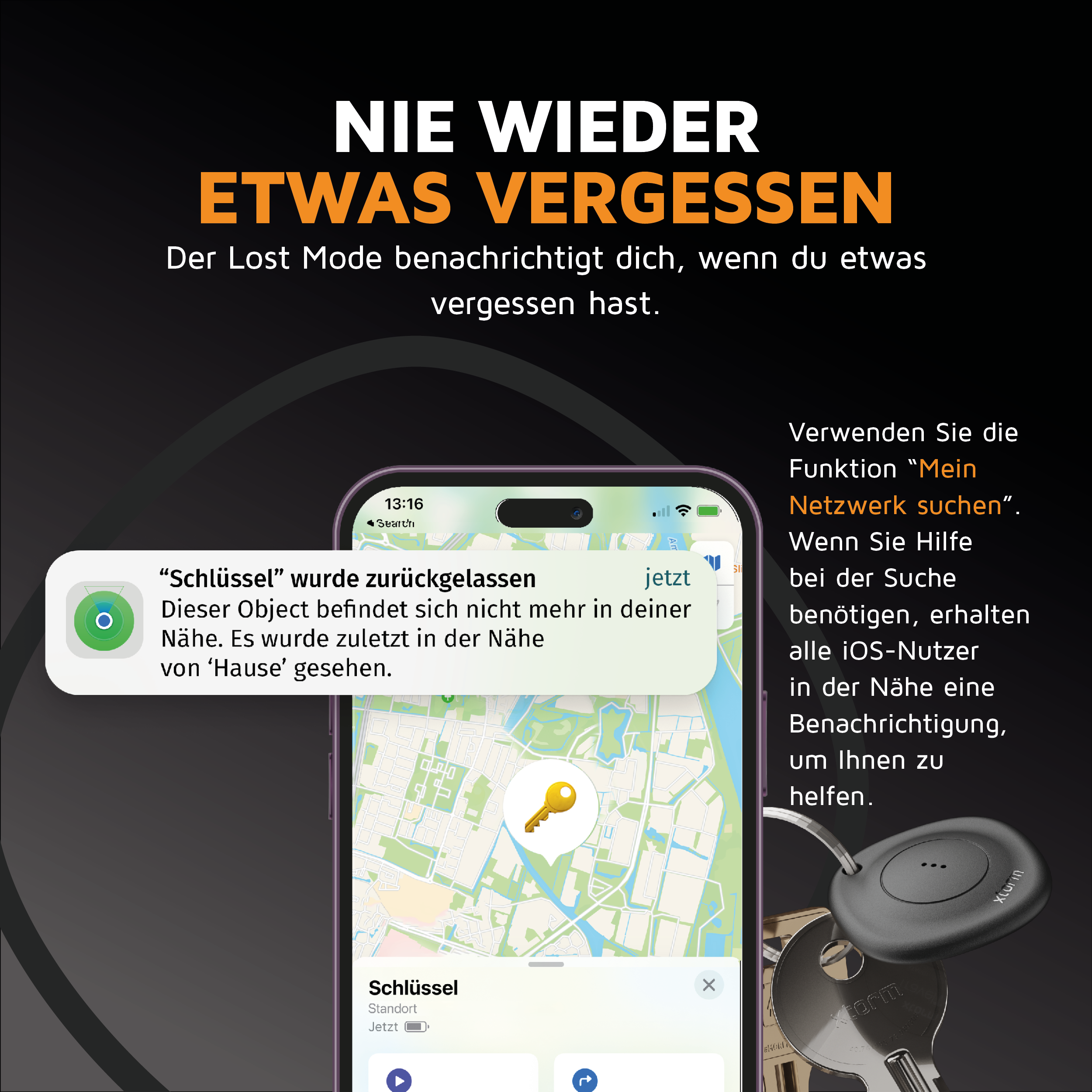 Smartfon z mapą i lokalizatorem kluczy. Obecny jest brelok z kluczami i trackerem.
