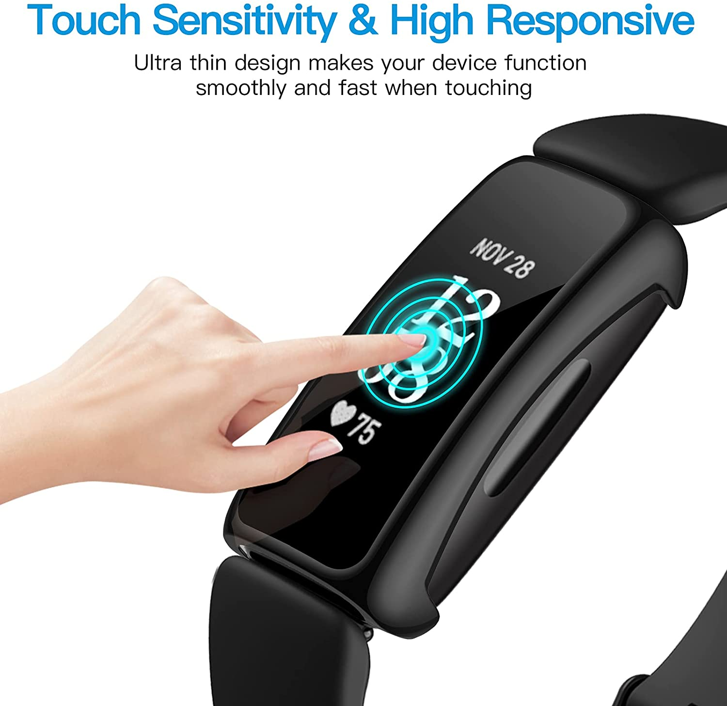 Armband mit Touchscreen, der Daten anzeigt. Ein Finger berührt den Bildschirm. Text: Touch Sensitivity & High Responsive.
