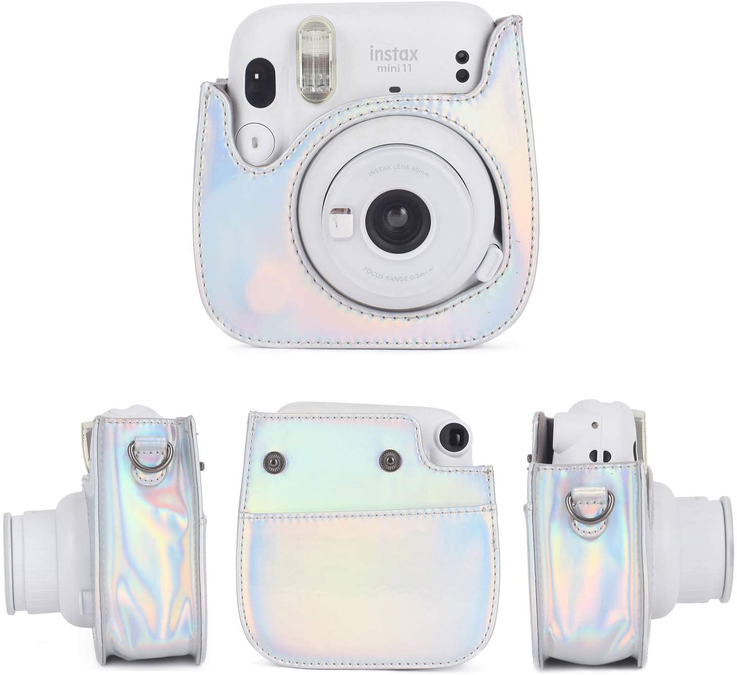 Weiße Instax Mini 11 Kamera in holografischer Hülle, drei Ansichten. Weißer Hintergrund.