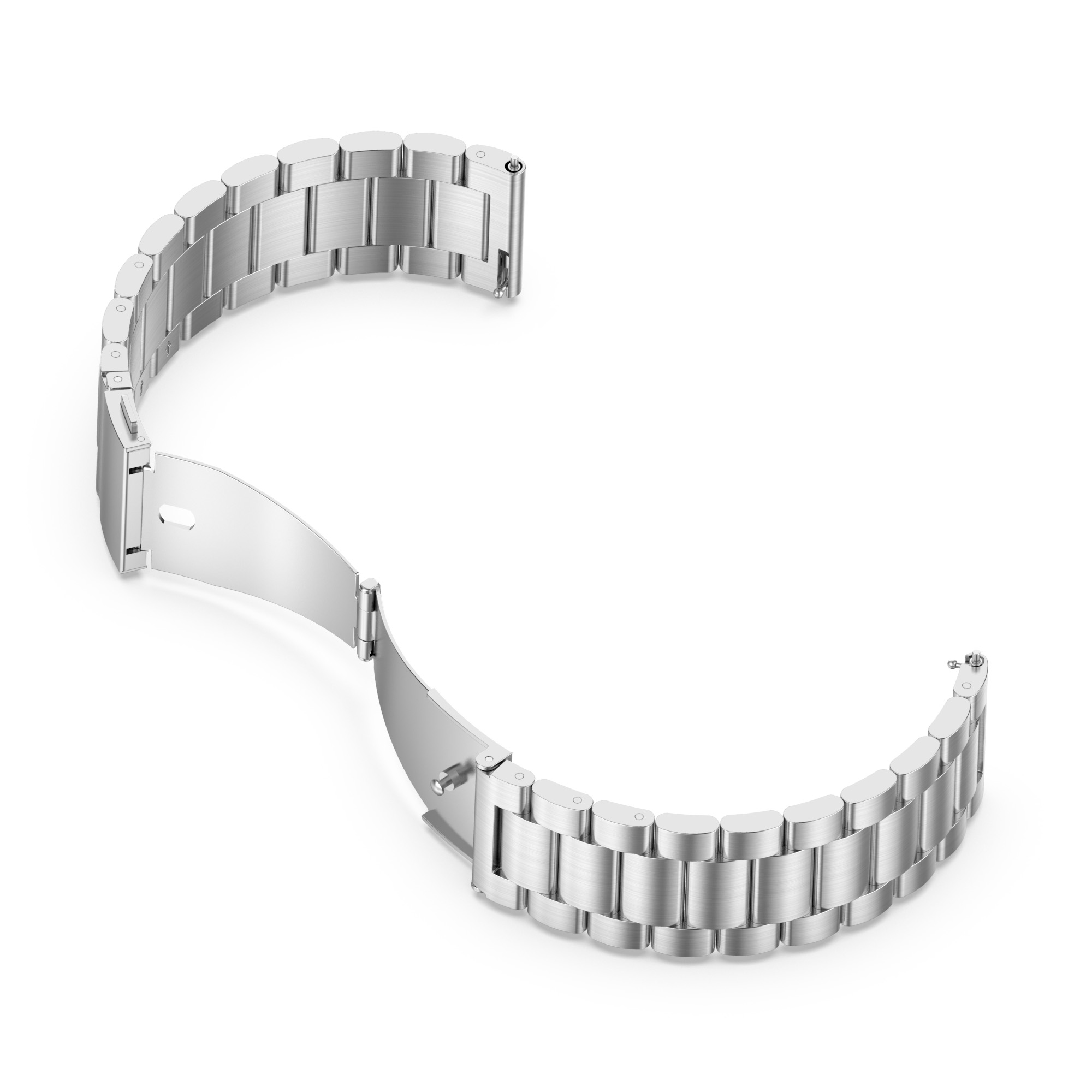 Ein Edelstahl-Uhrenarmband, offen und ungeöffnet, liegt auf einer weißen Oberfläche.