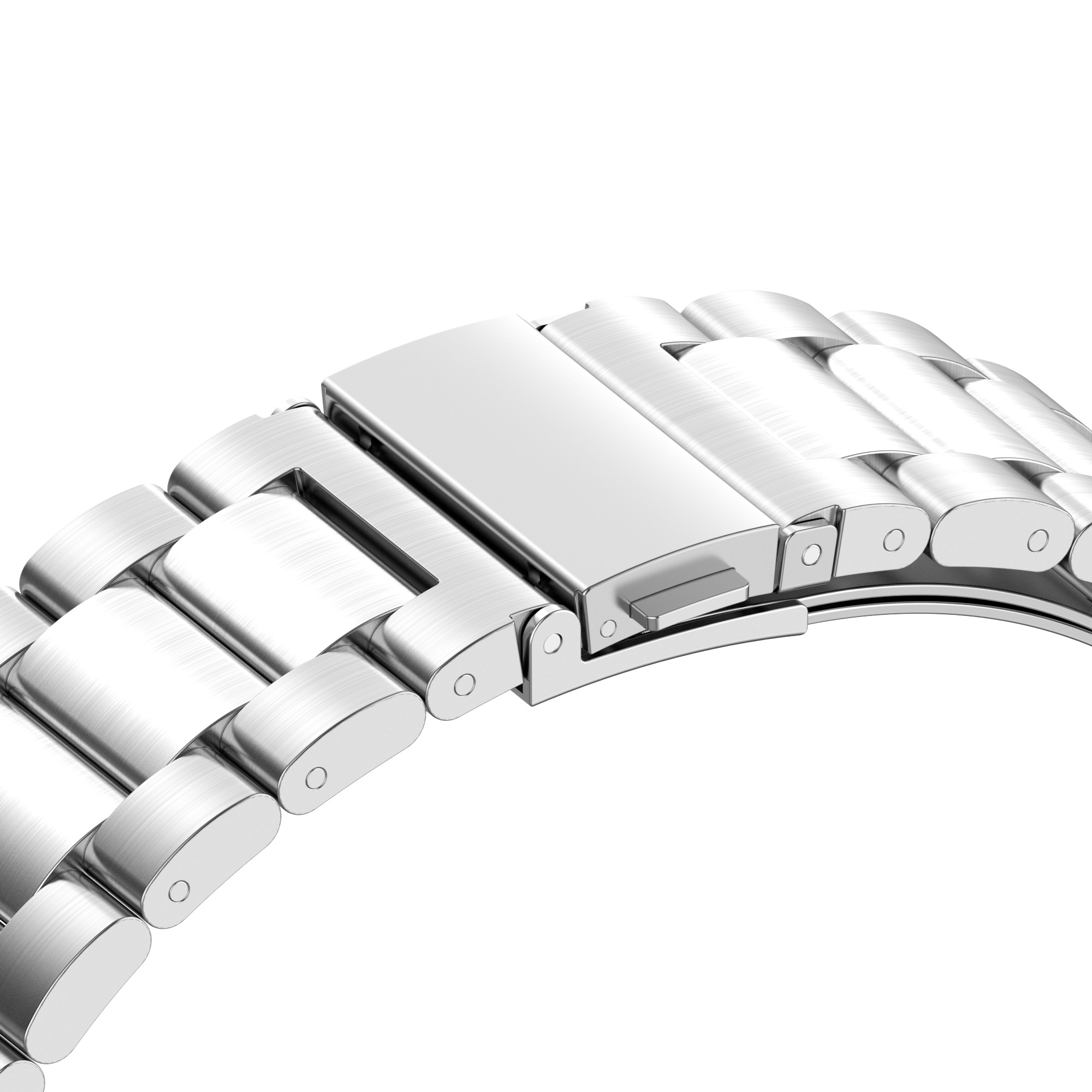 Nahaufnahme eines Edelstahl-Uhrenarmbands mit silberner Schließe.
