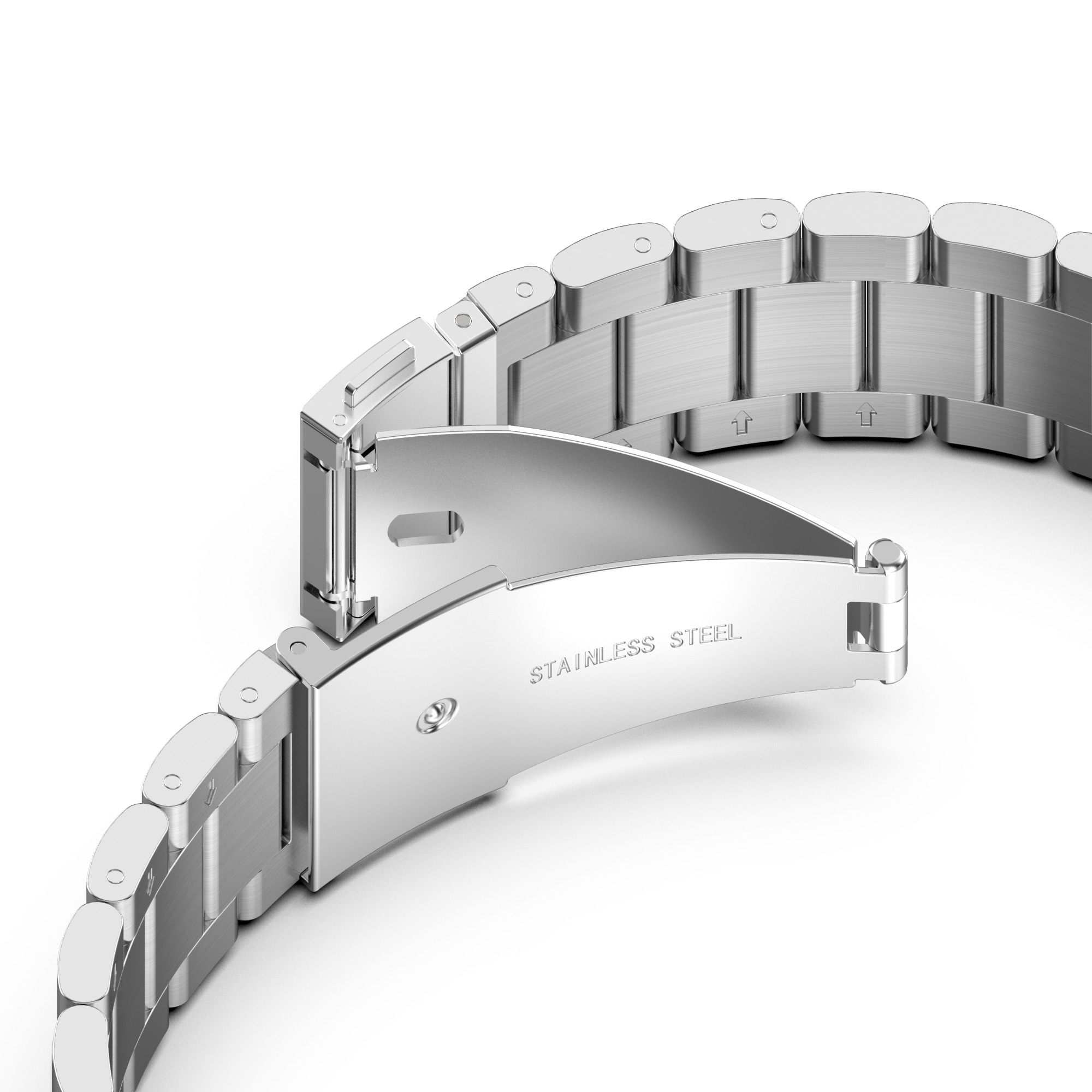 Nahaufnahme eines geöffneten Edelstahl-Armbandverschlusses. Text "STAINLESS STEEL" ist sichtbar.