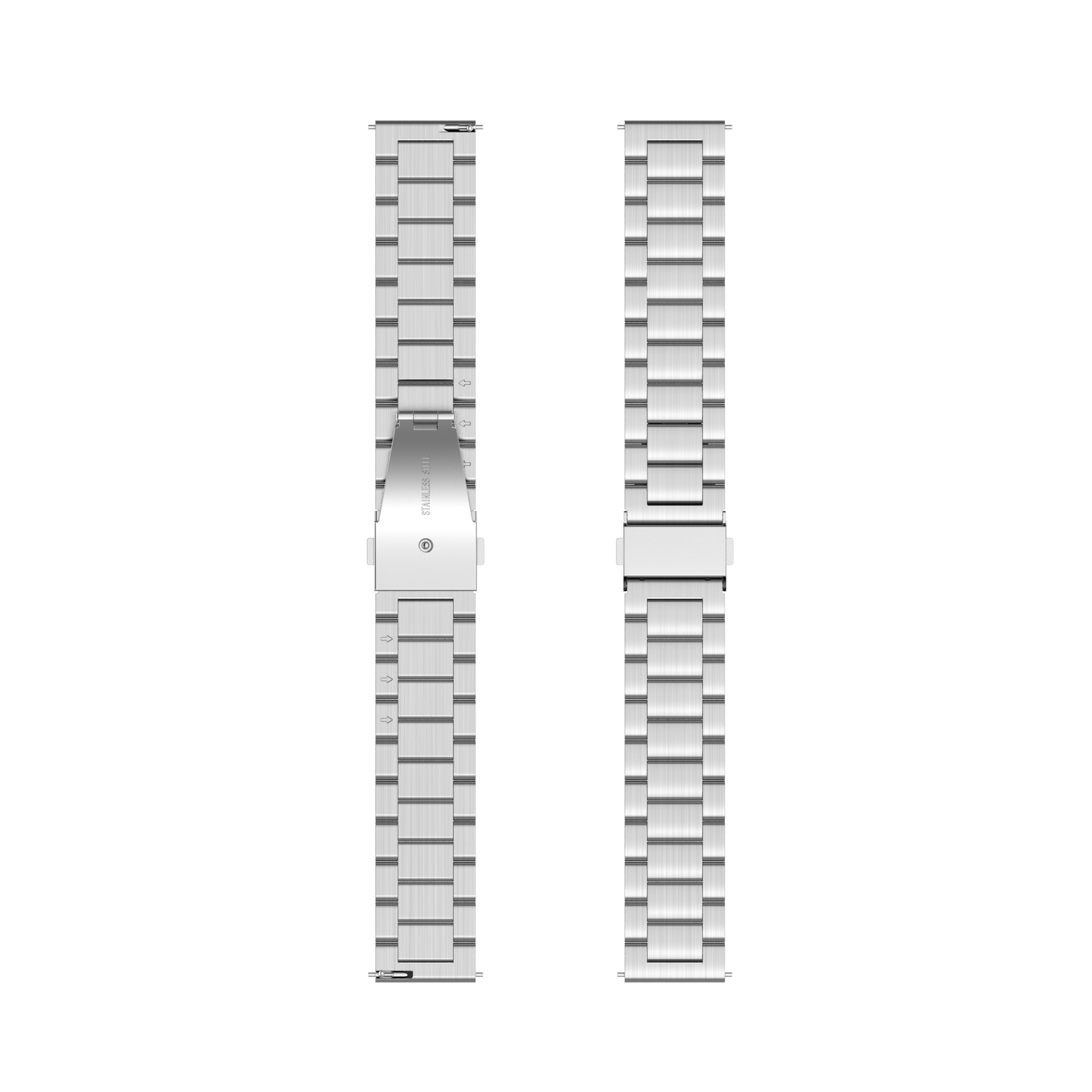 Zwei Edelstahl-Uhrenarmbänder nebeneinander vor weißem Hintergrund.