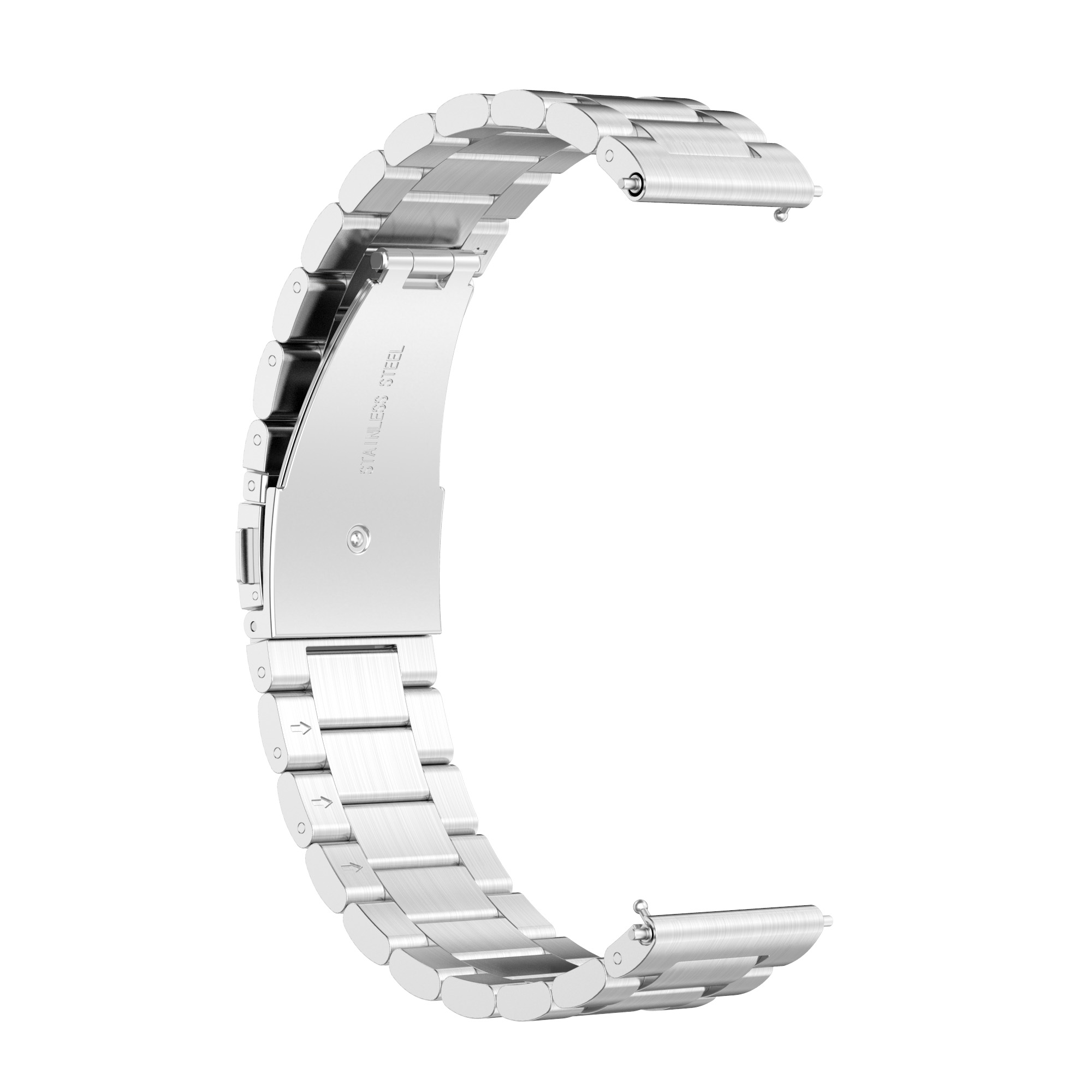 Ein silbernes Uhrenarmband auf weißem Hintergrund.
