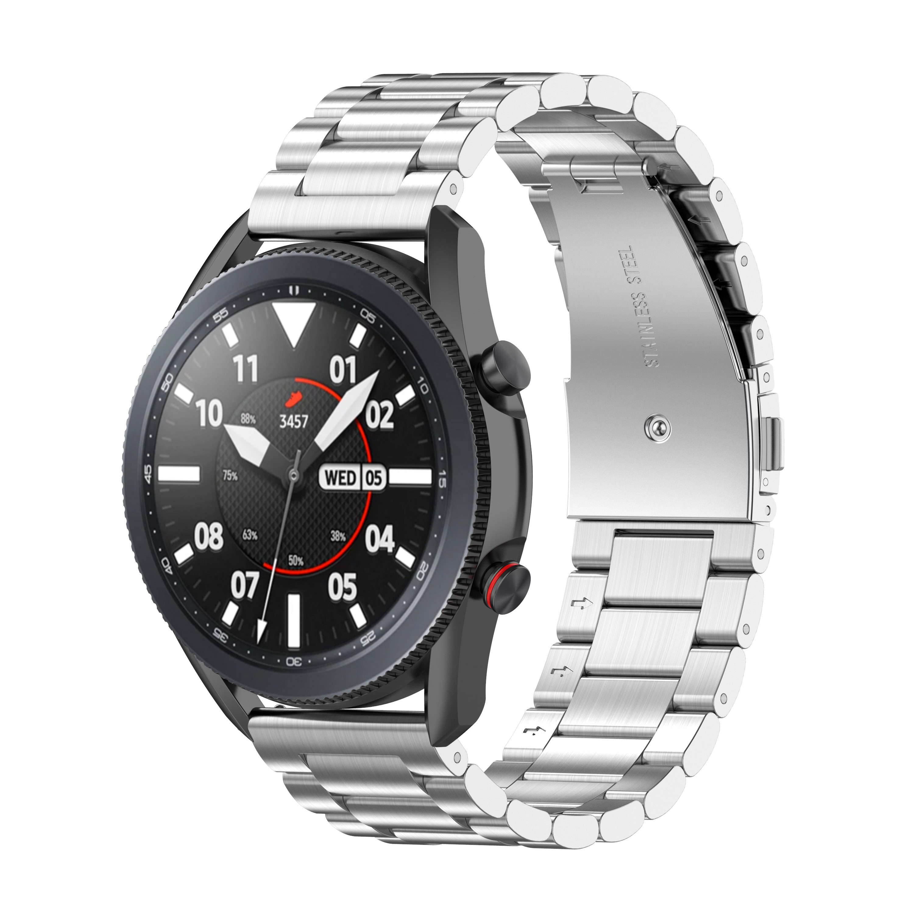 Eine schwarze Smartwatch mit silbernem Metallarmband. Der Bildschirm zeigt eine Watch-Oberfläche.